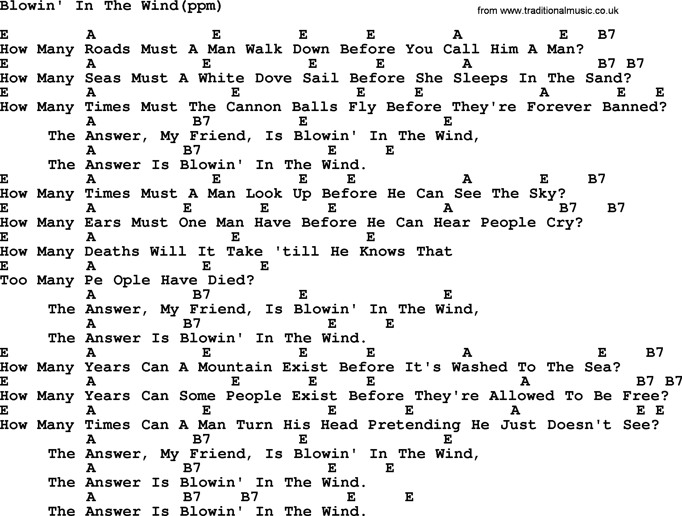 Peter, Paul and Mary song Blowin In The Wind, lyrics and chords
