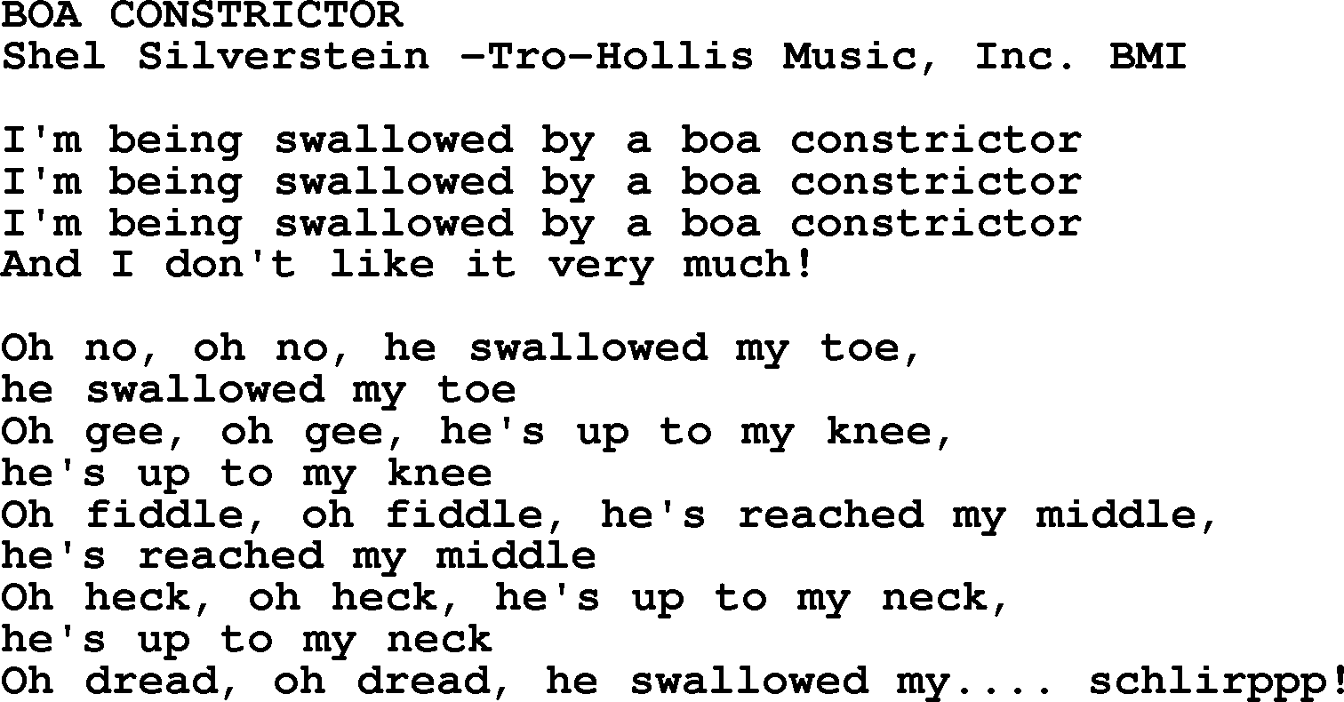 Peter, Paul and Mary song Boa Constrictor lyrics