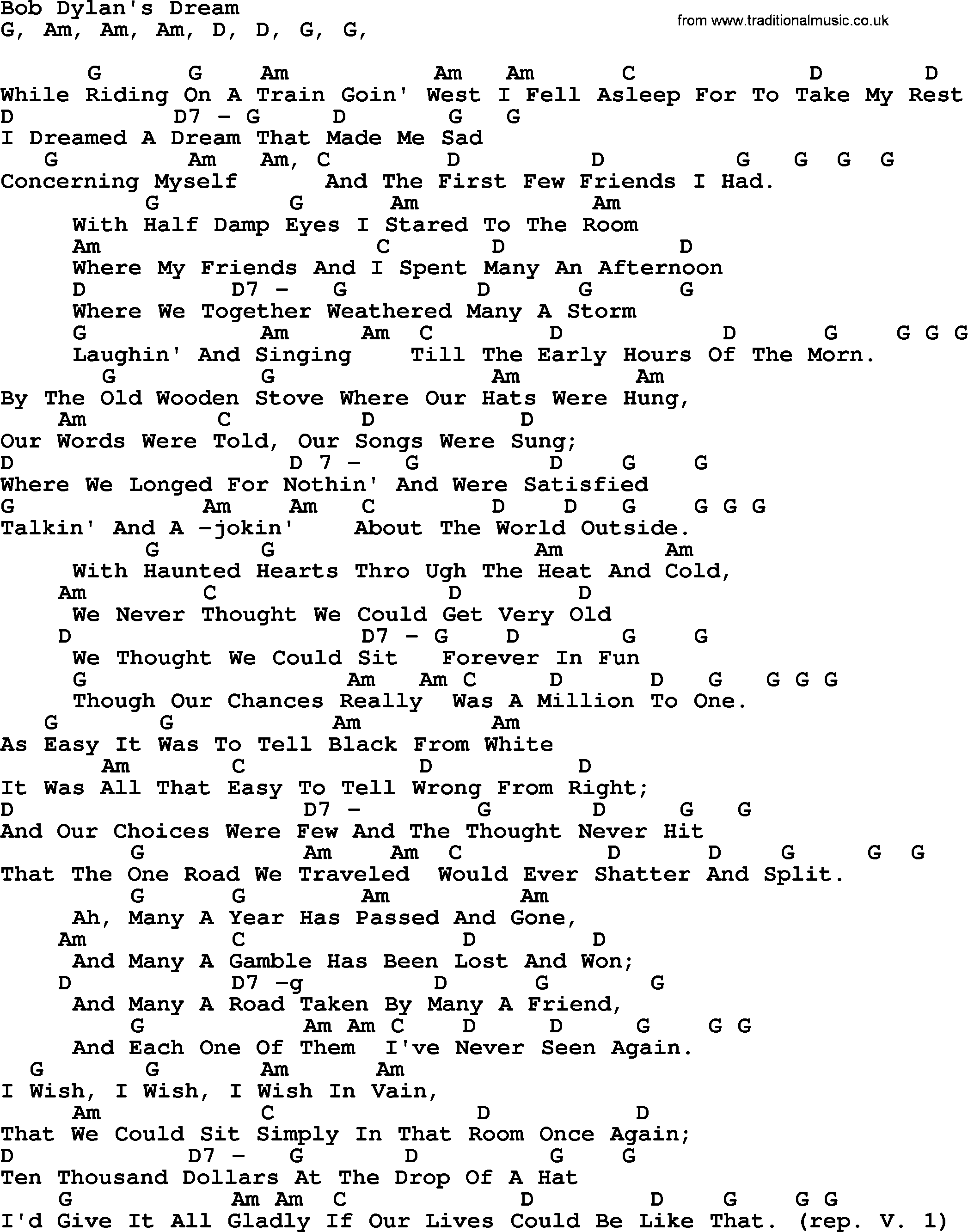 Peter, Paul and Mary song Bob Dylans Dream, lyrics and chords