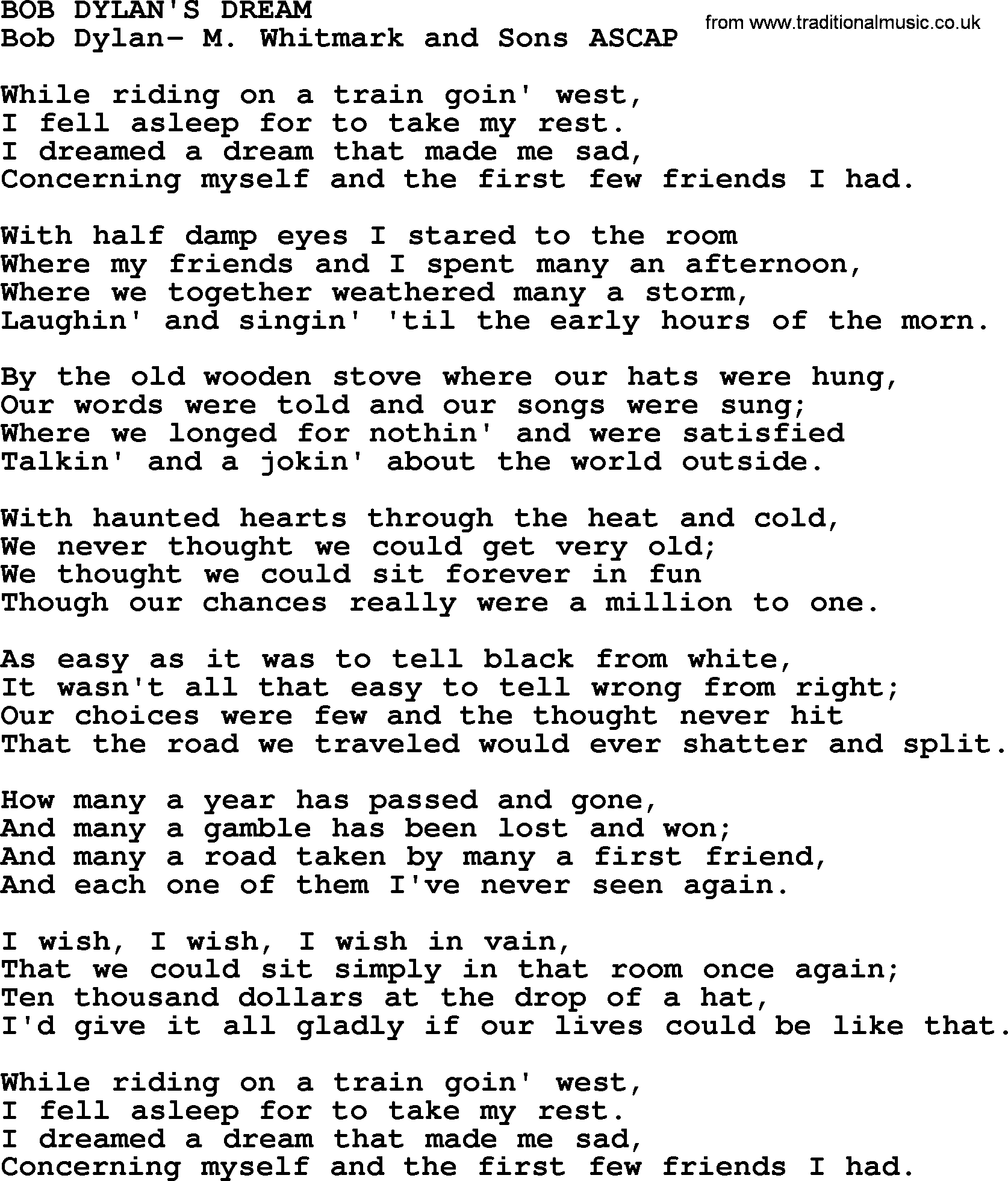 Peter, Paul and Mary song Bob Dylans Dream lyrics