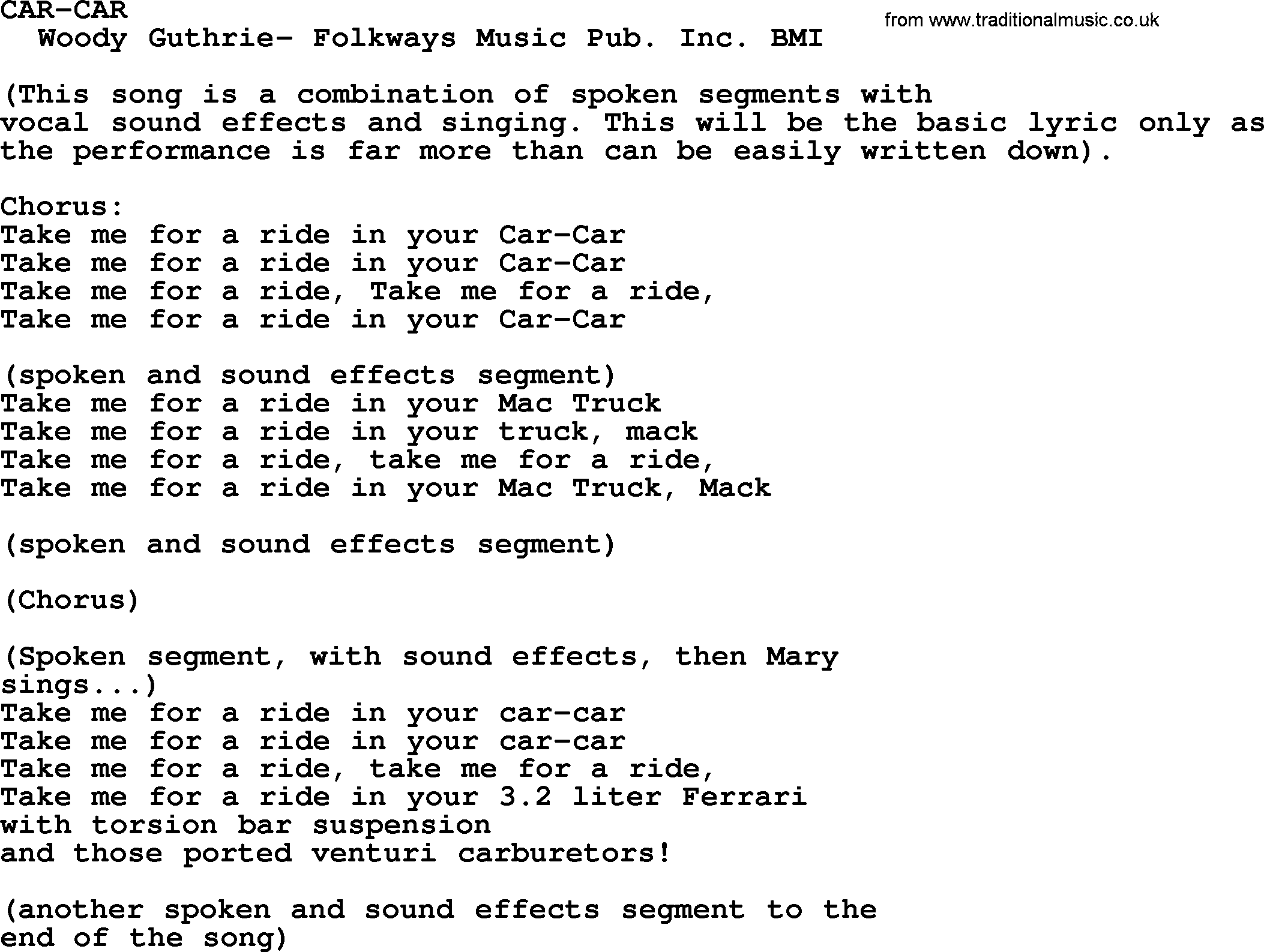 Peter, Paul and Mary song Car Car lyrics