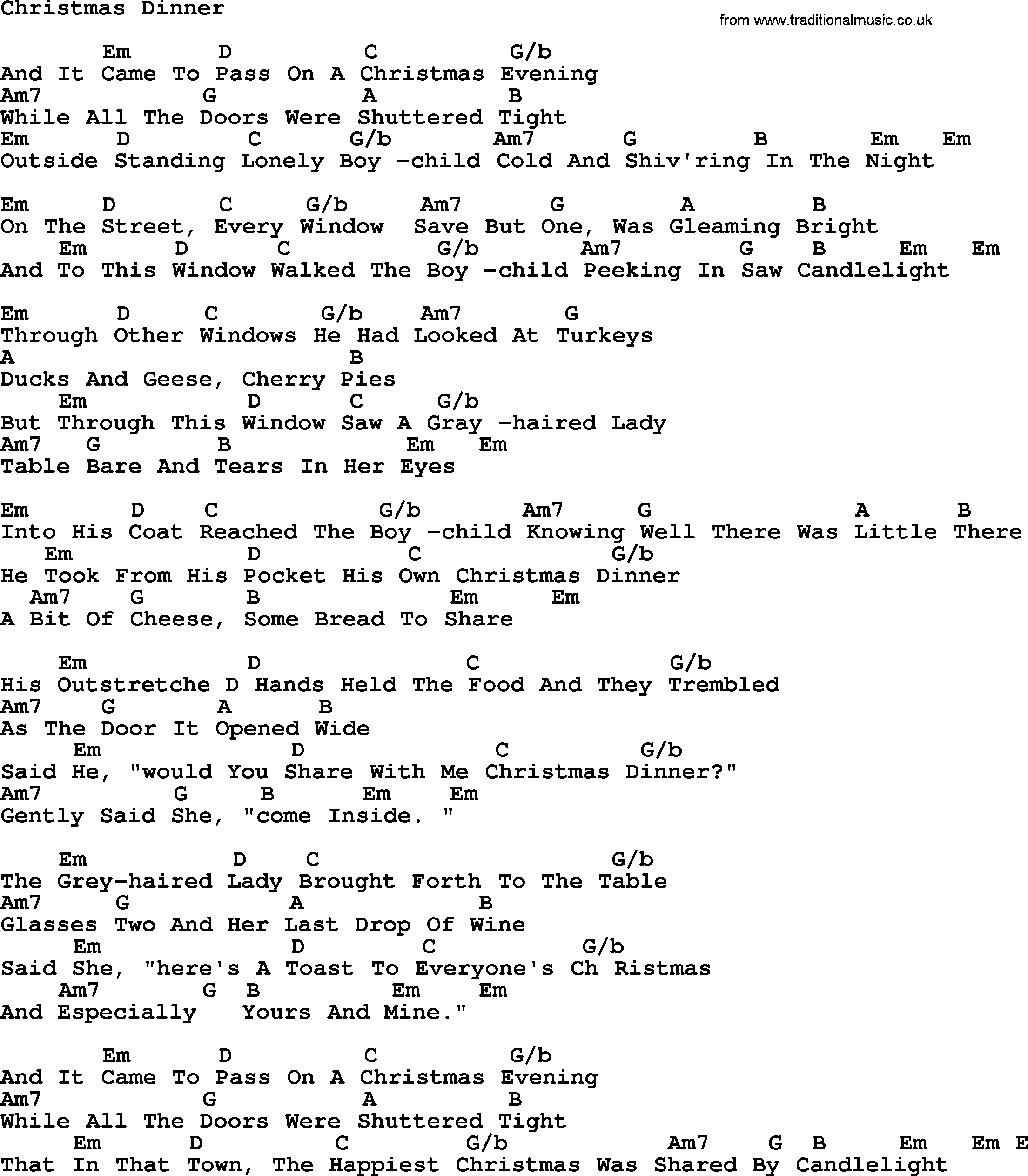 Peter, Paul and Mary song Christmas Dinner, lyrics and chords