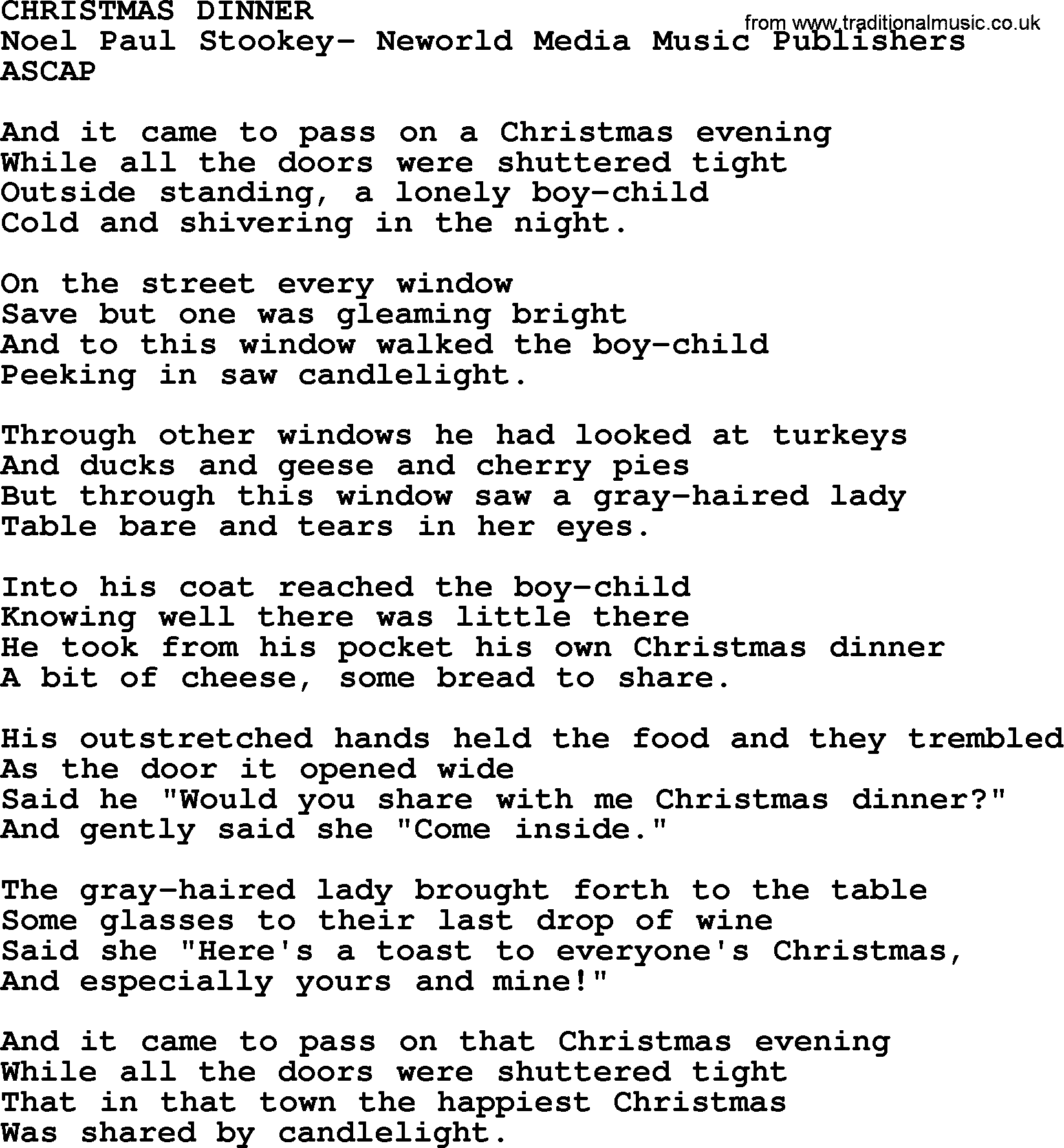 Peter, Paul and Mary song Christmas Dinner lyrics