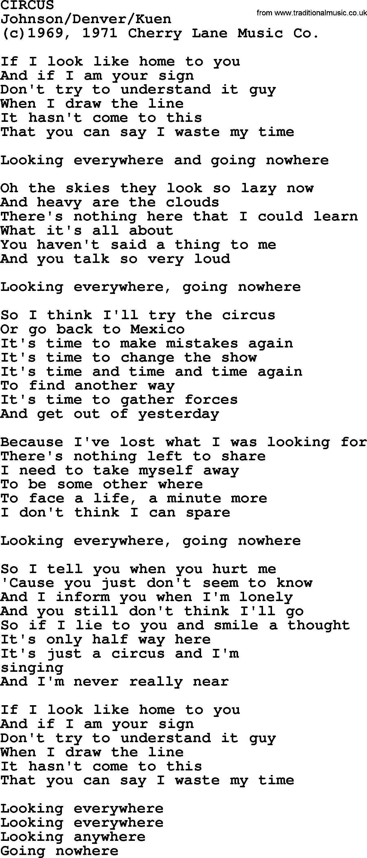 Peter, Paul and Mary song Circus lyrics