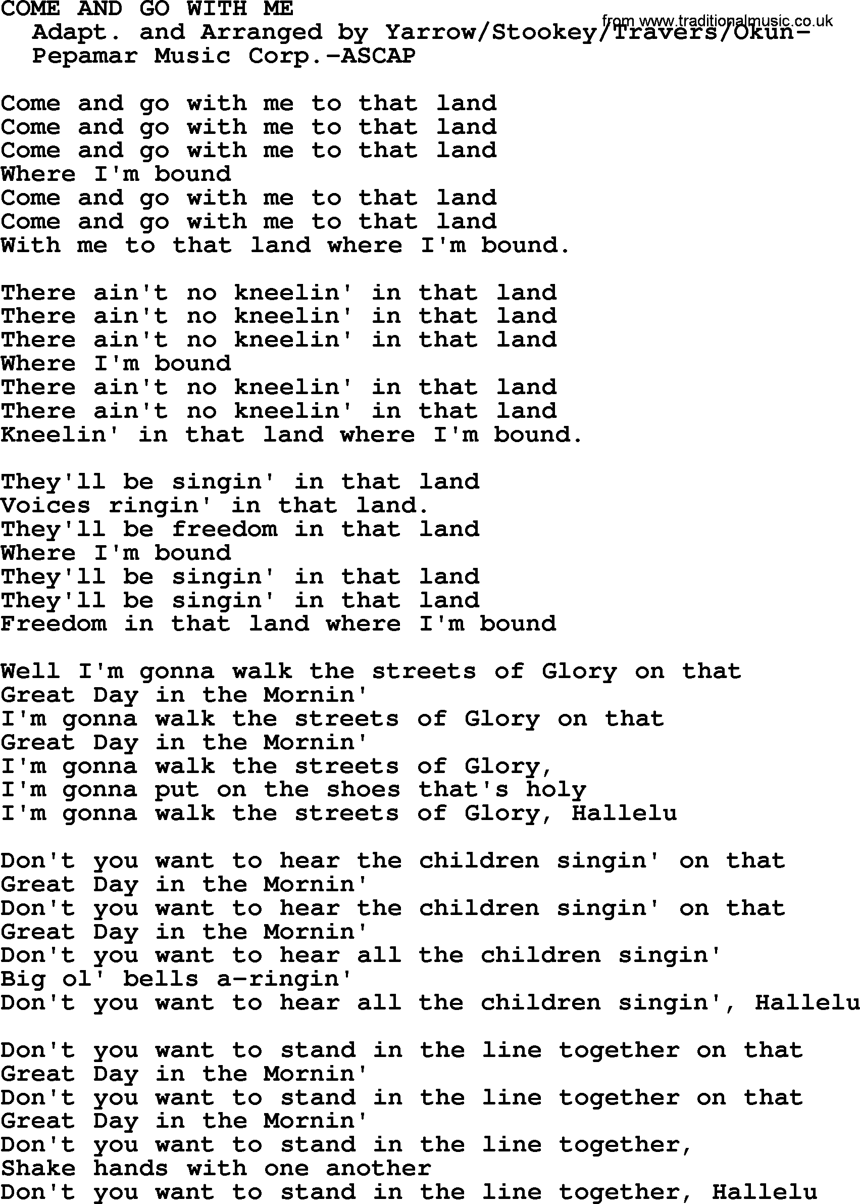 Peter, Paul and Mary song Come And Go With Me lyrics