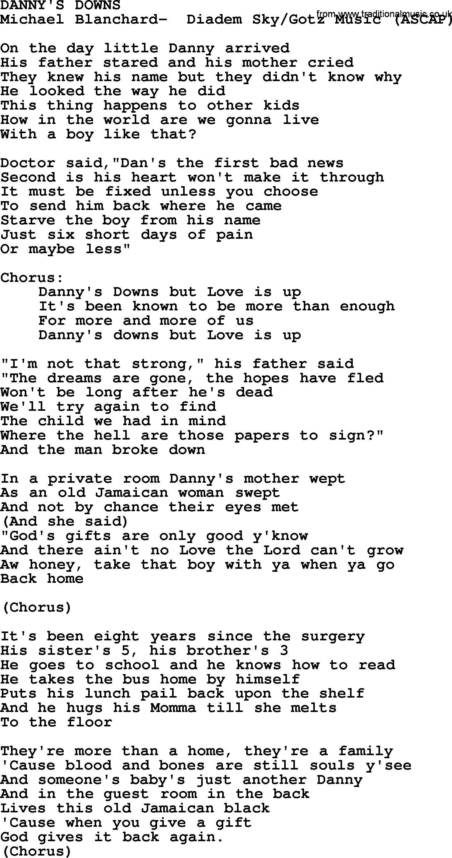 Peter, Paul and Mary song Dannys Downs lyrics