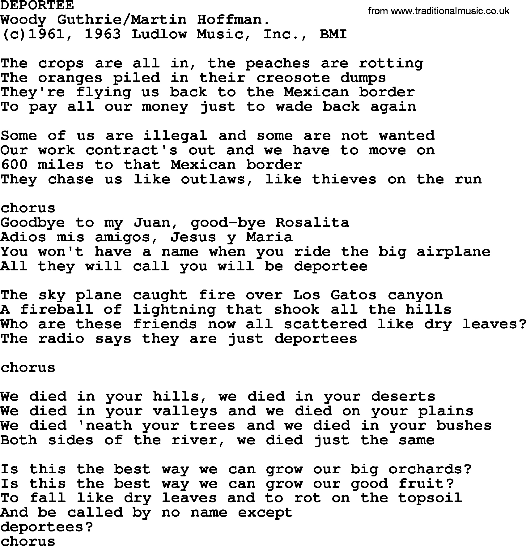 Peter, Paul and Mary song Deportee lyrics