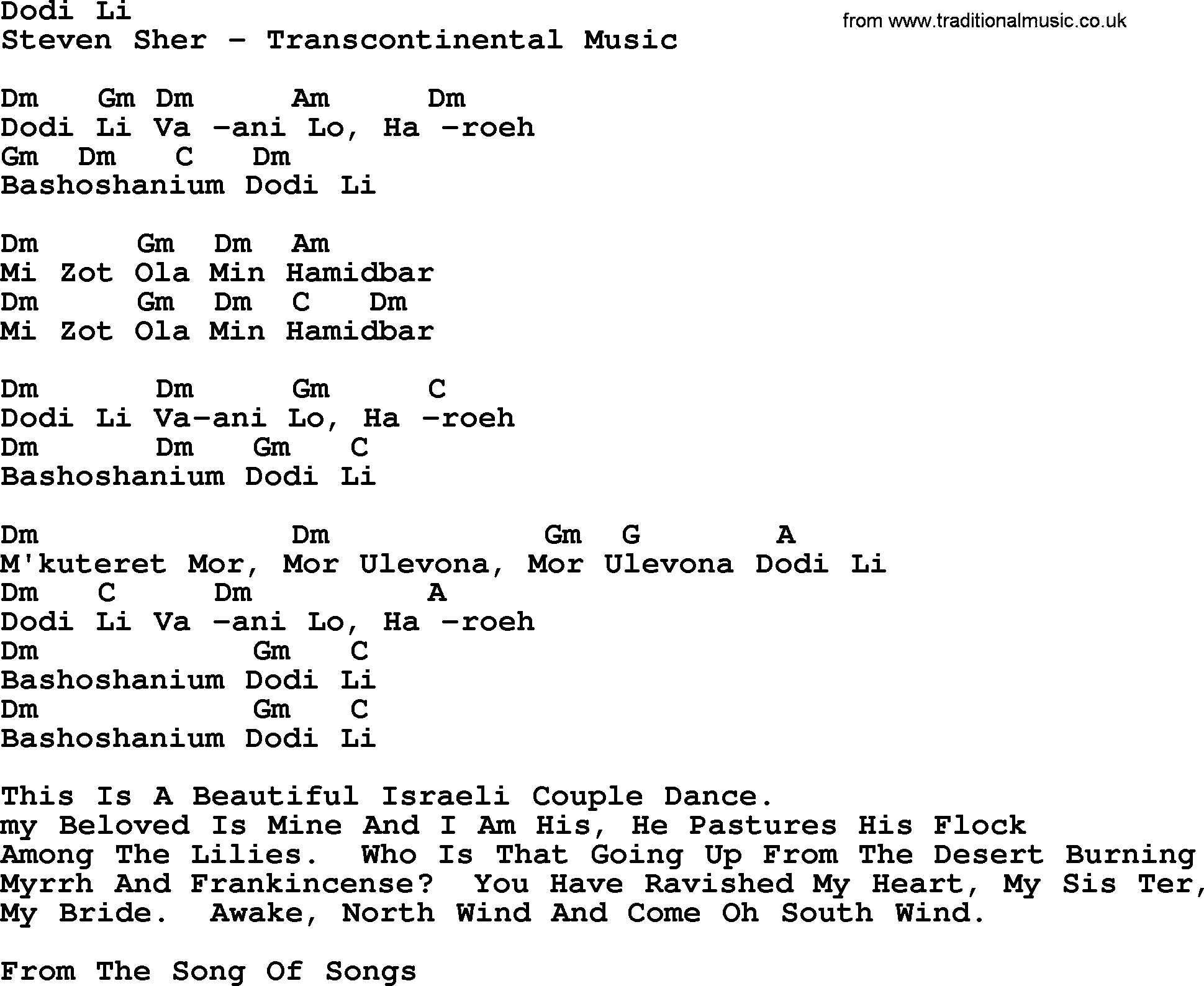 Peter, Paul and Mary song Dodi Li, lyrics and chords