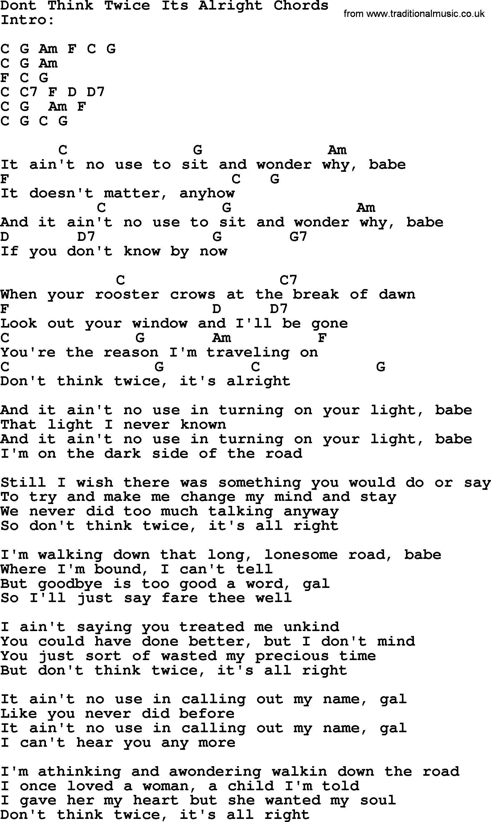 Peter, Paul and Mary song Dont Think Twice Its Alright, lyrics and chords