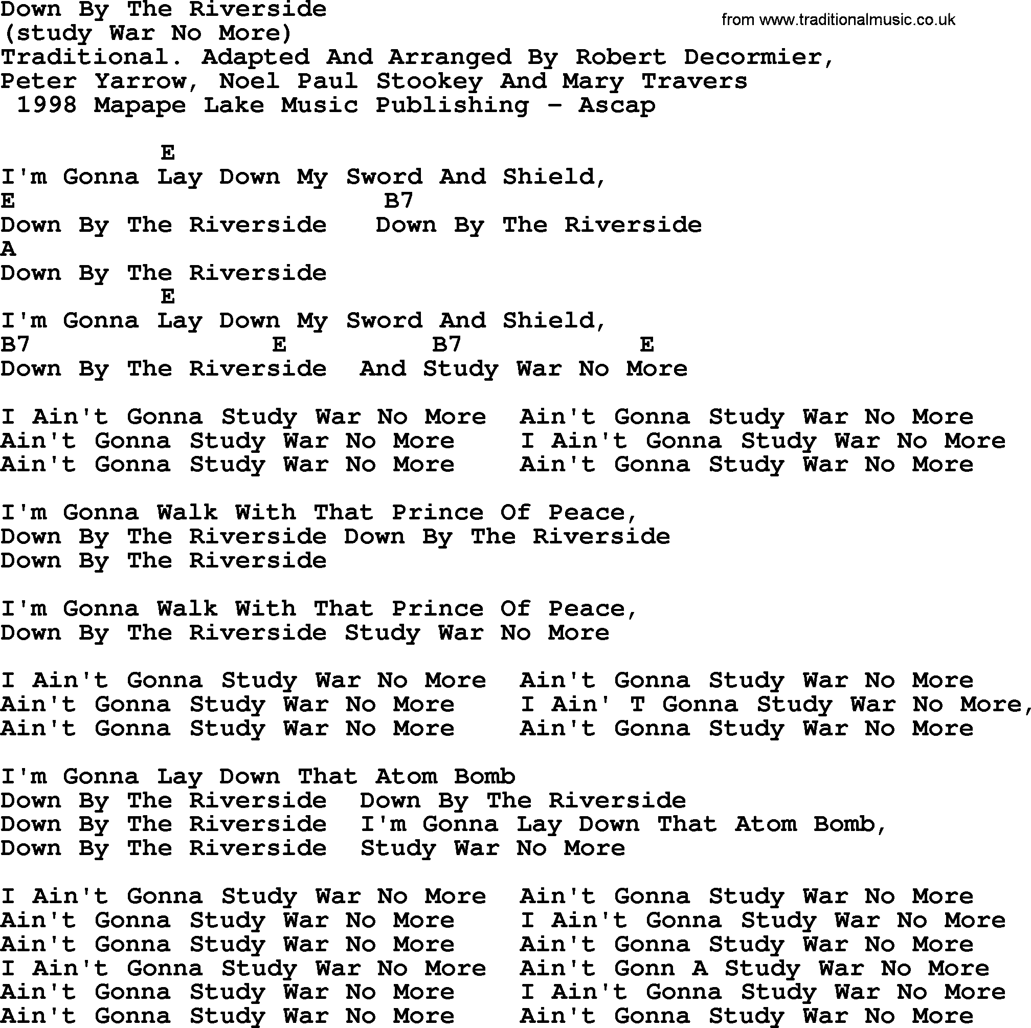 Peter, Paul and Mary song Down By The Riverside, lyrics and chords