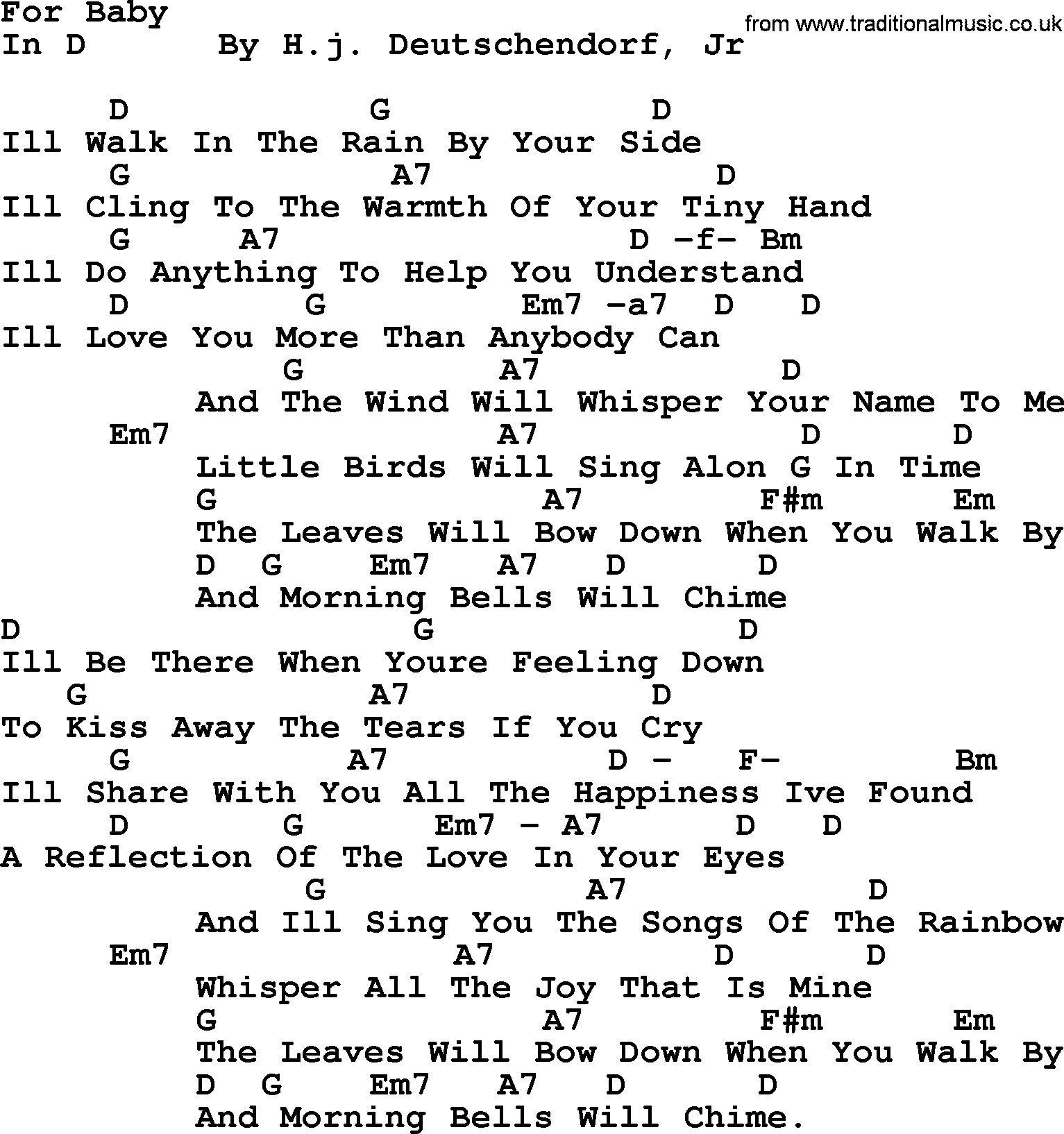 Peter, Paul and Mary song For Baby D, lyrics and chords