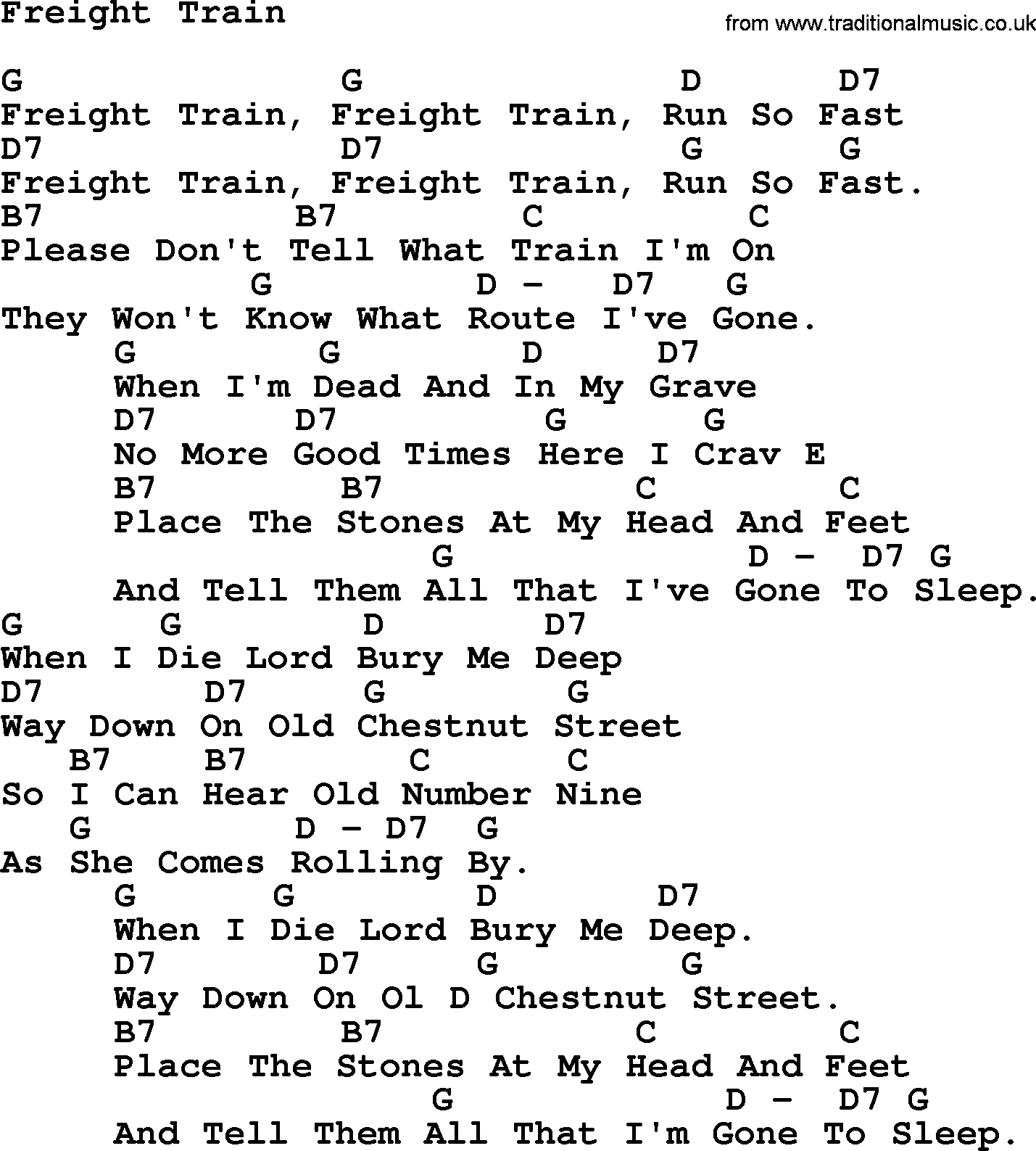 Peter, Paul and Mary song Freight Train, lyrics and chords