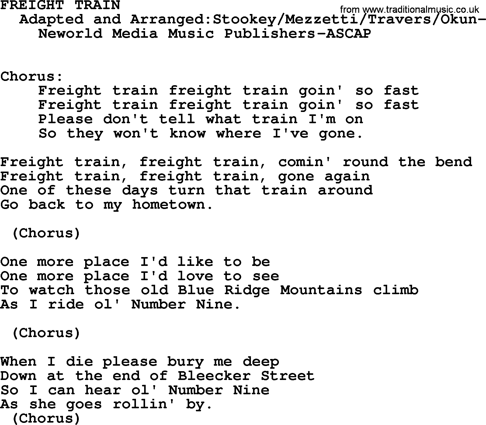 Peter, Paul and Mary song Freight Train lyrics