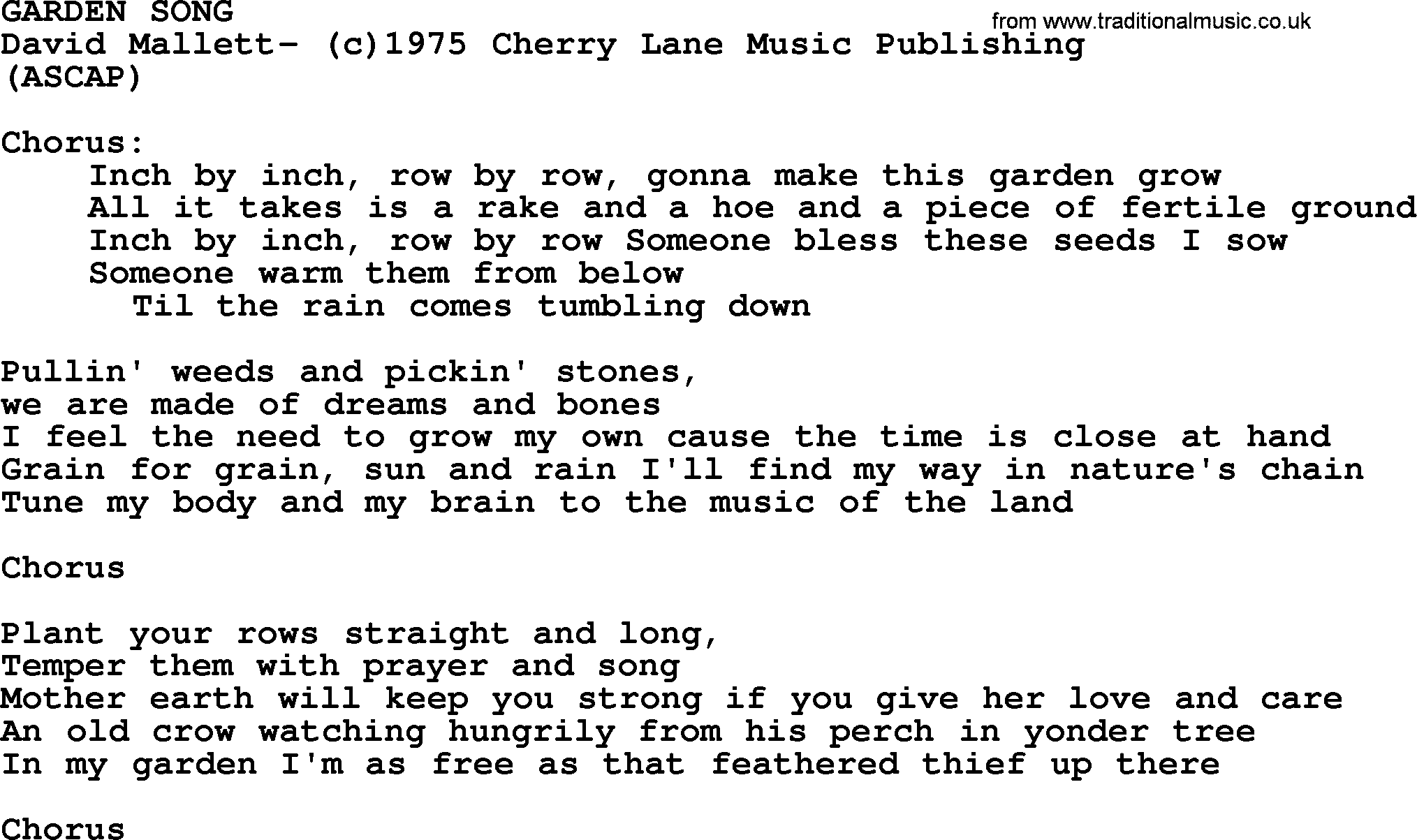 Peter, Paul and Mary song Garden Song lyrics