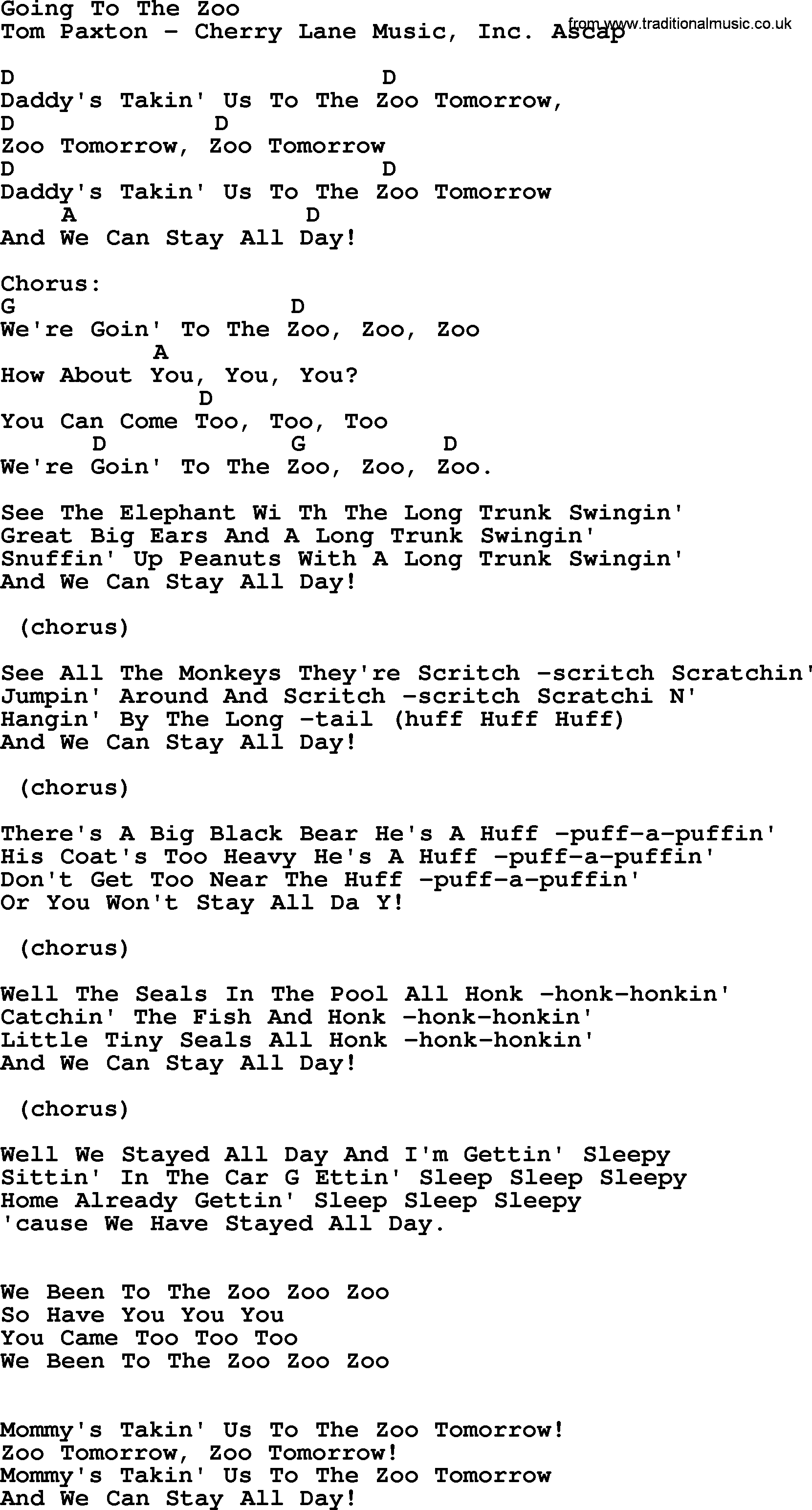 Peter, Paul and Mary song Going To The Zoo, lyrics and chords
