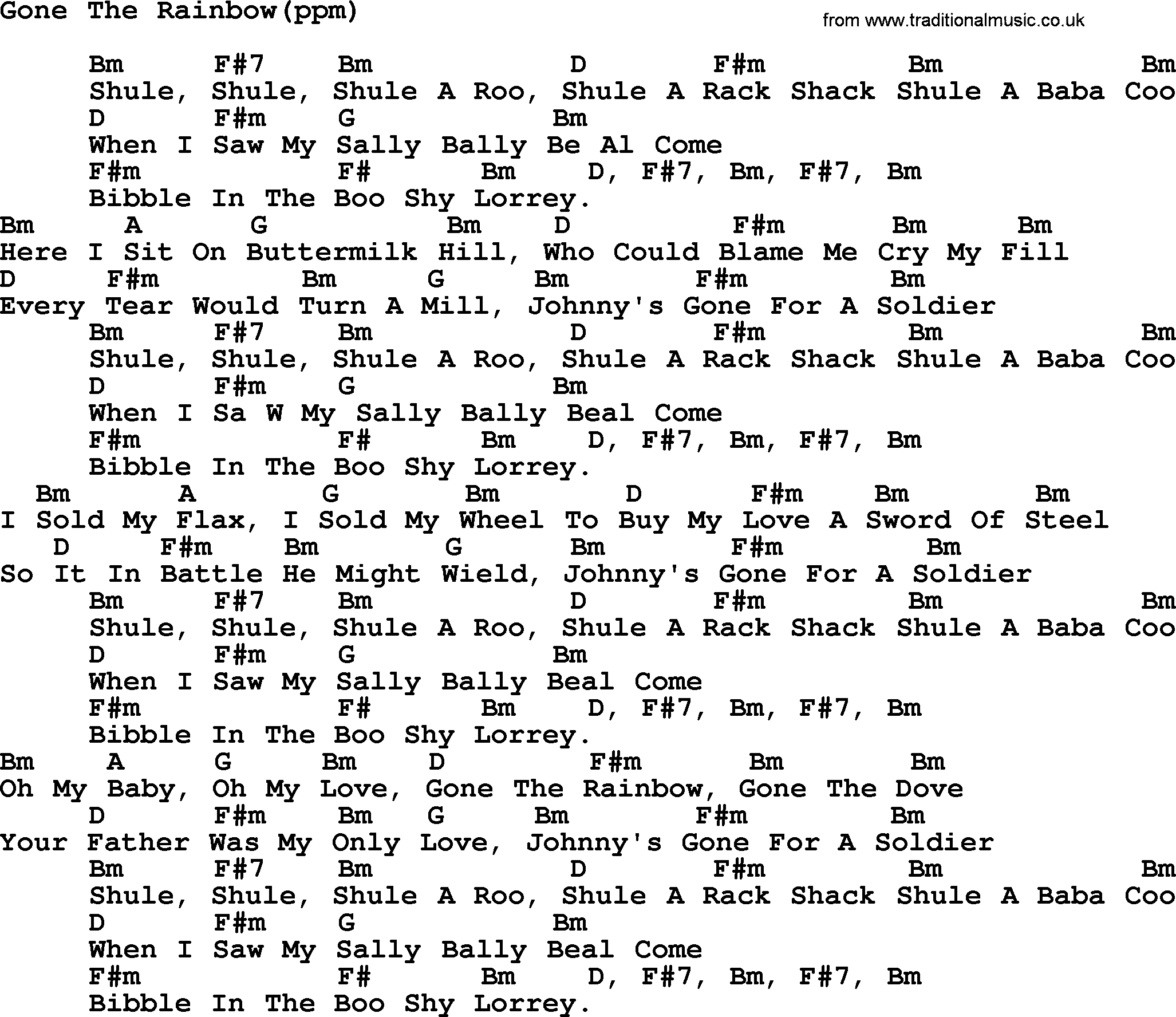 Peter, Paul and Mary song Gone The Rainbow, lyrics and chords