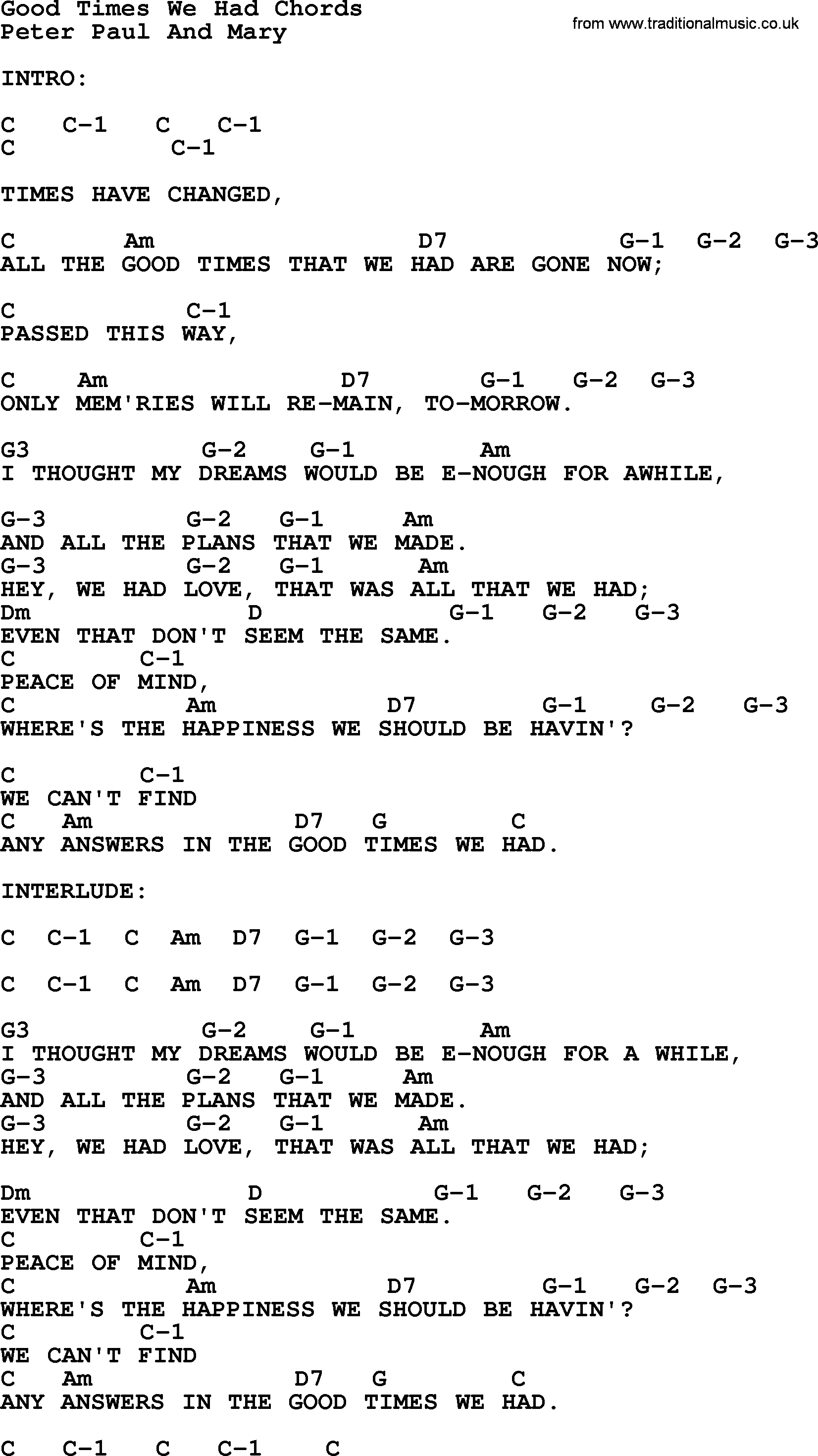 Peter, Paul and Mary song Good Times We Had, lyrics and chords
