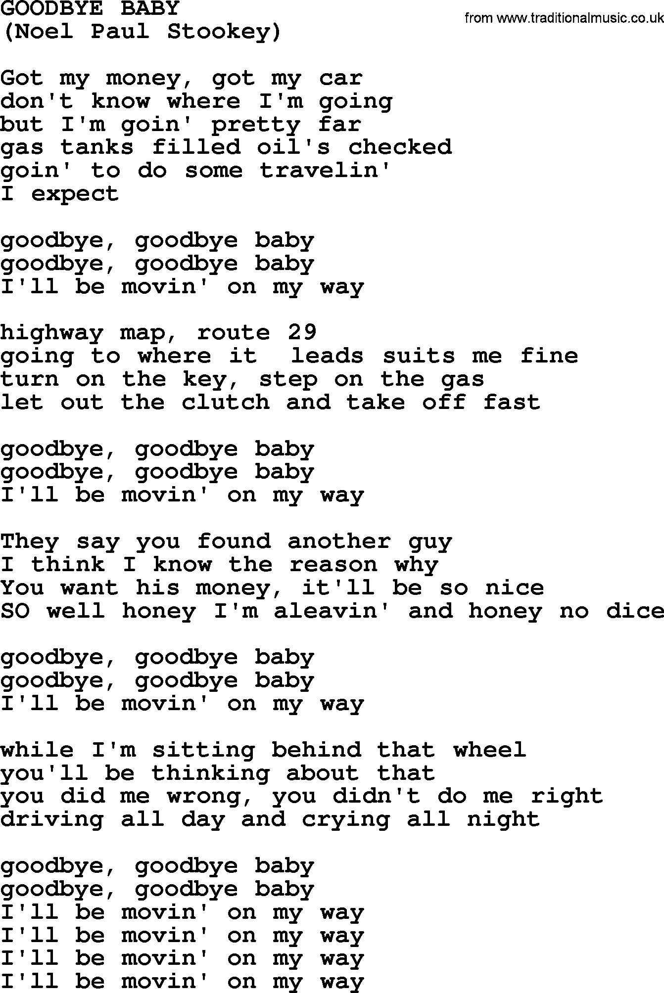 Peter, Paul and Mary song Goodbye Baby lyrics