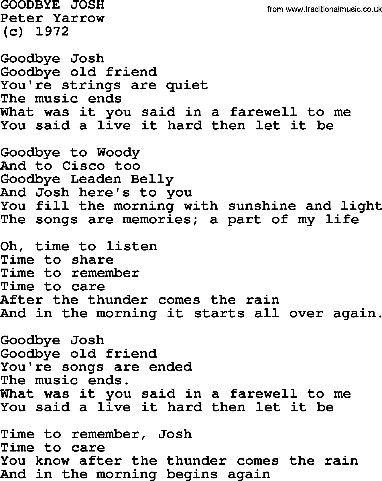 Peter, Paul and Mary song Goodbye Josh lyrics