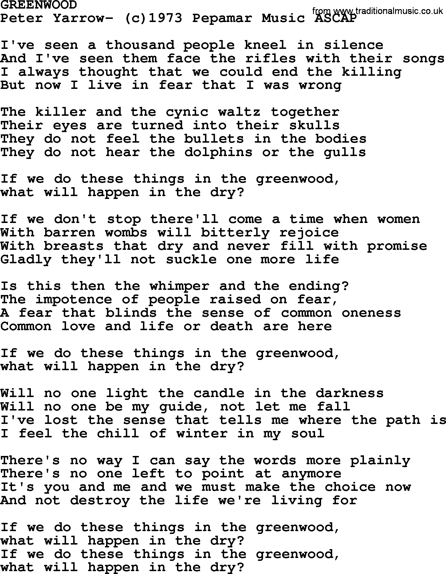 Peter, Paul and Mary song Greenwood lyrics