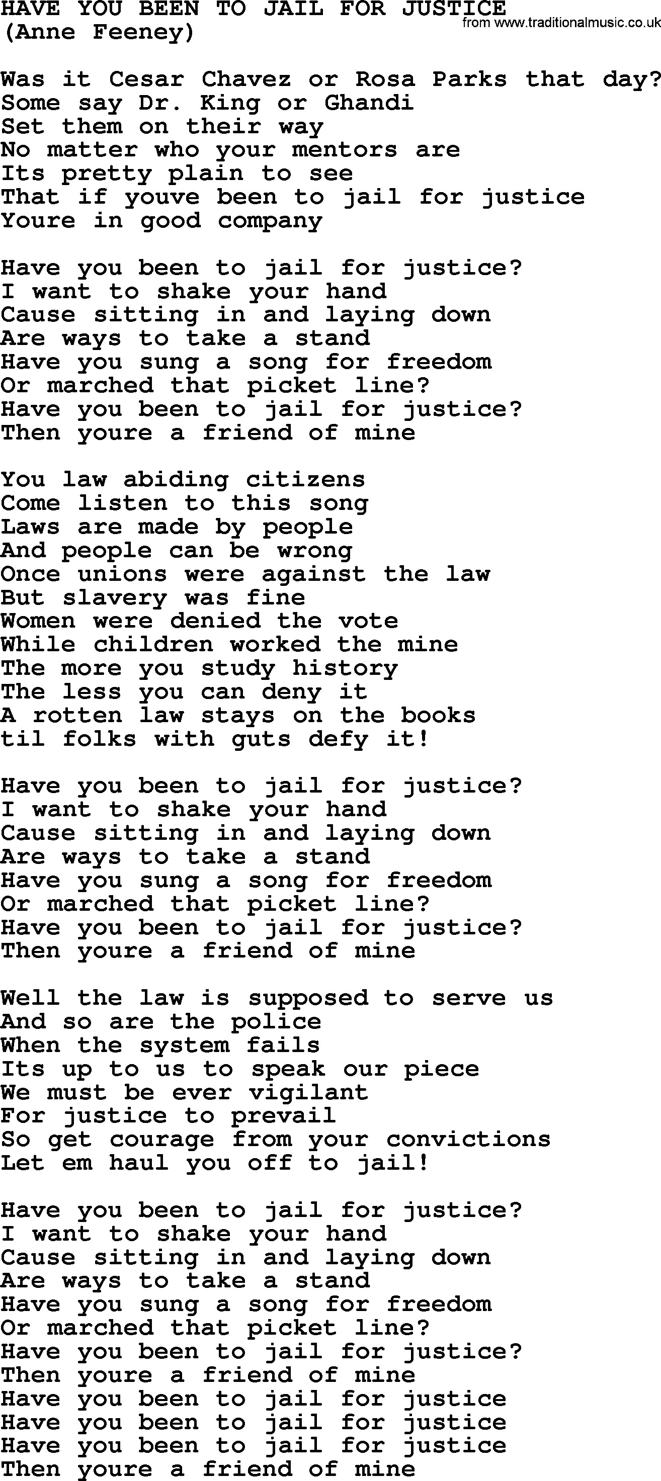 Peter, Paul and Mary song Have You Been To Jail For Justice lyrics
