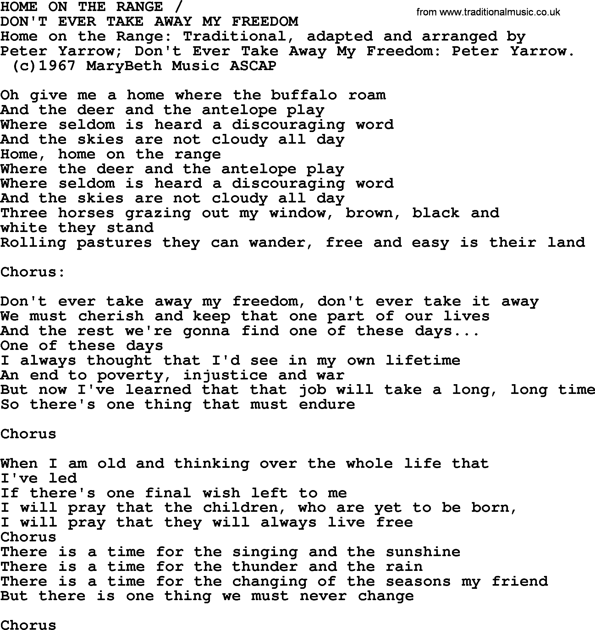 Peter, Paul and Mary song Home On The Range  lyrics