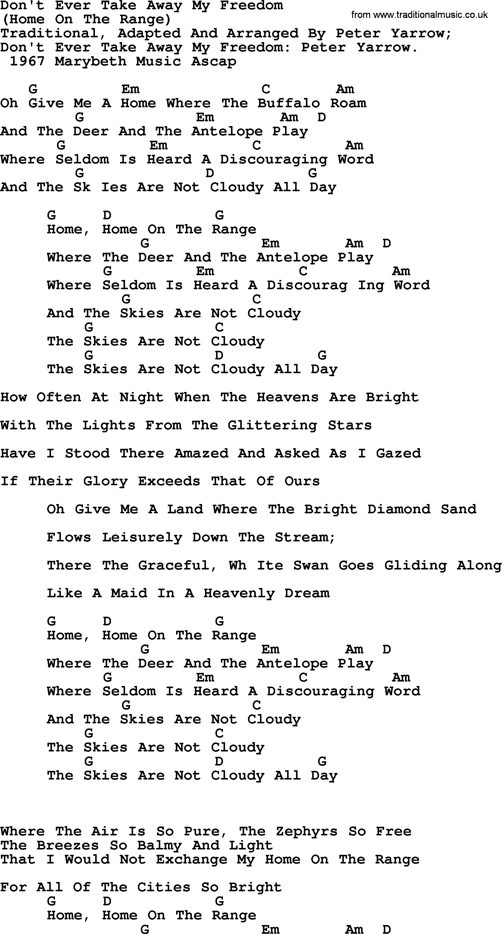 Peter, Paul and Mary song Home On The Range, lyrics and chords