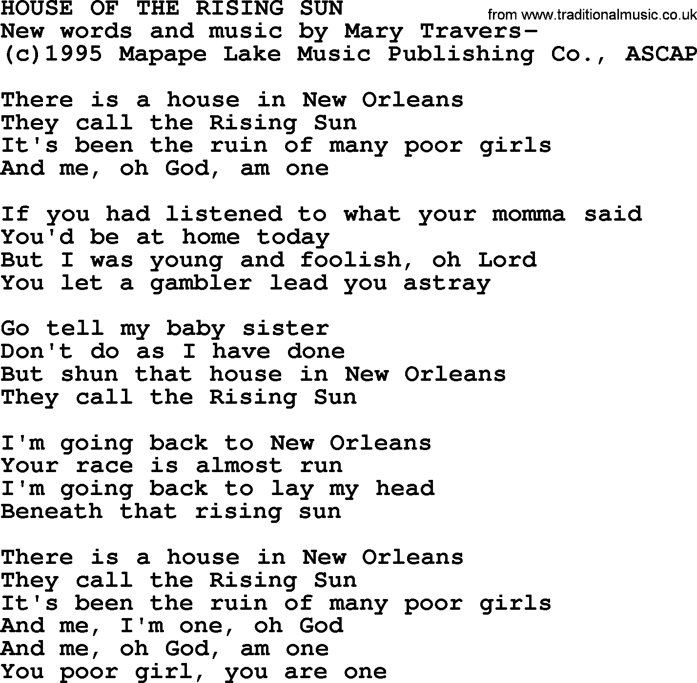 Peter, Paul and Mary song House Of The Rising Sun lyrics