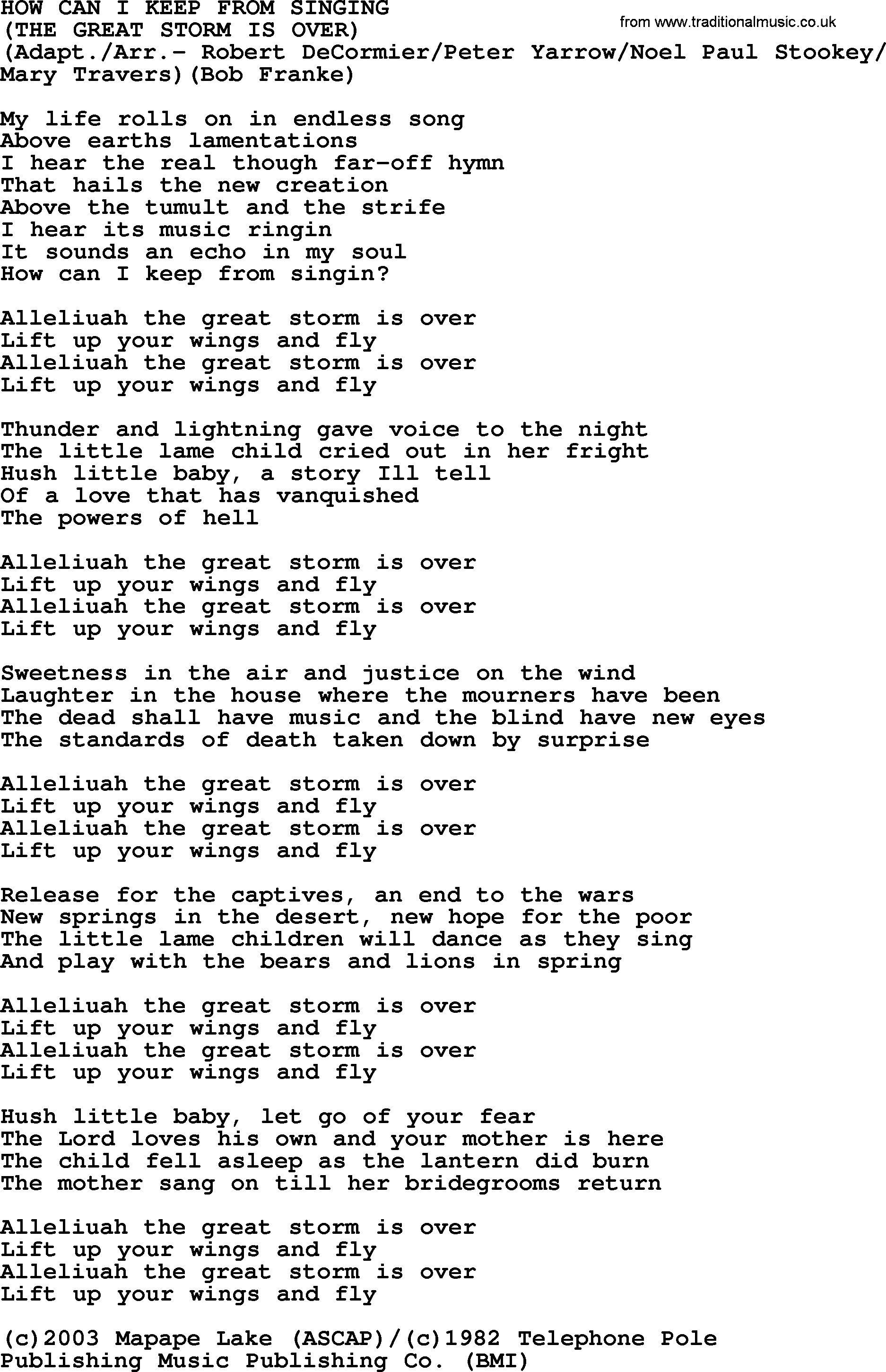 Peter, Paul and Mary song How Can I Keep From Singing lyrics