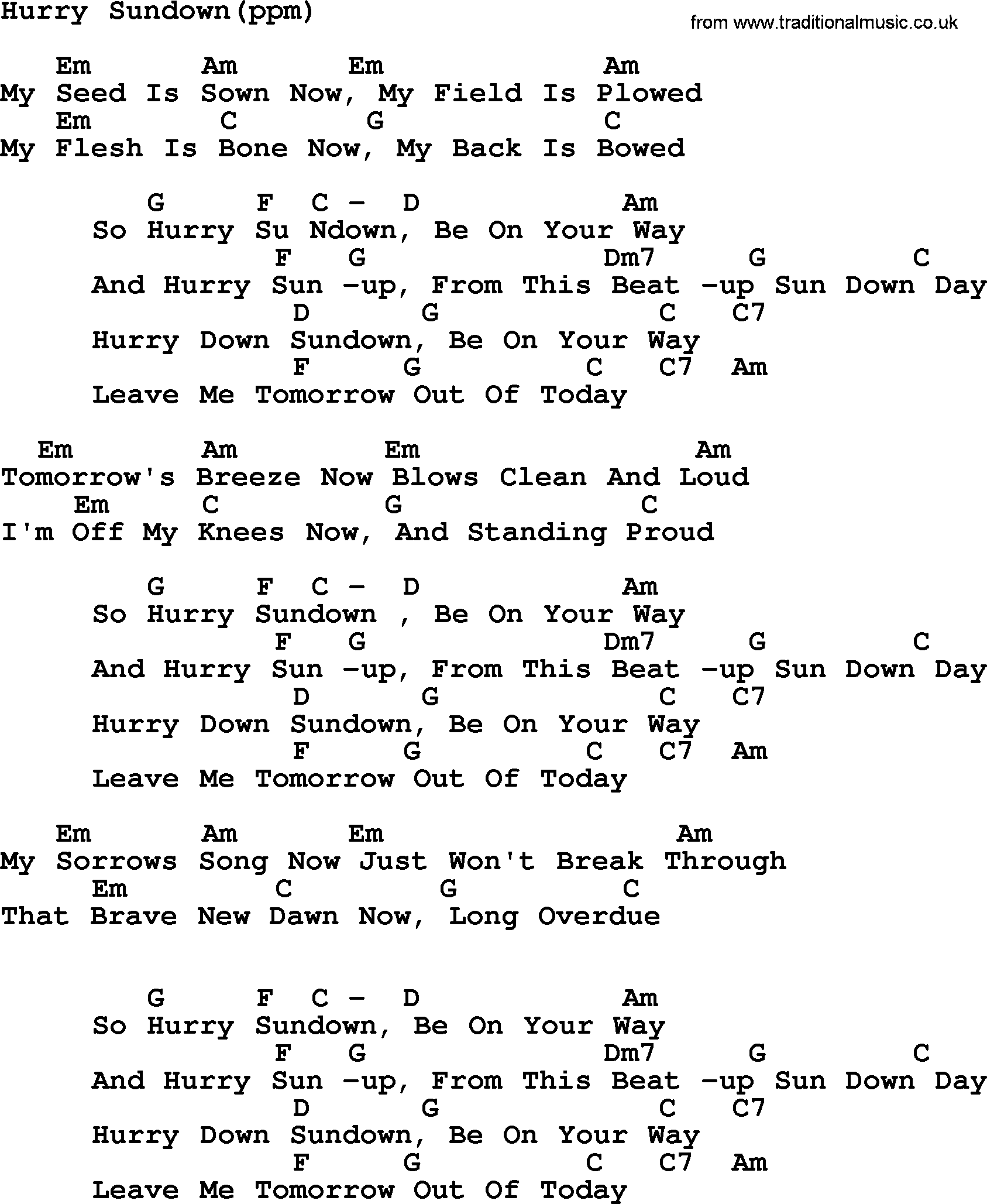 Peter, Paul and Mary song Hurry Sundown, lyrics and chords
