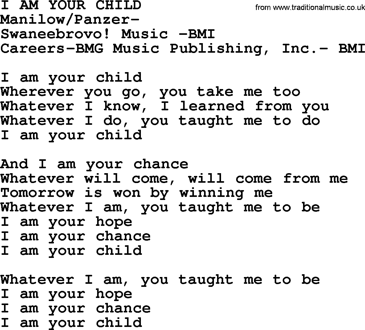 Peter, Paul and Mary song I Am Your Child lyrics