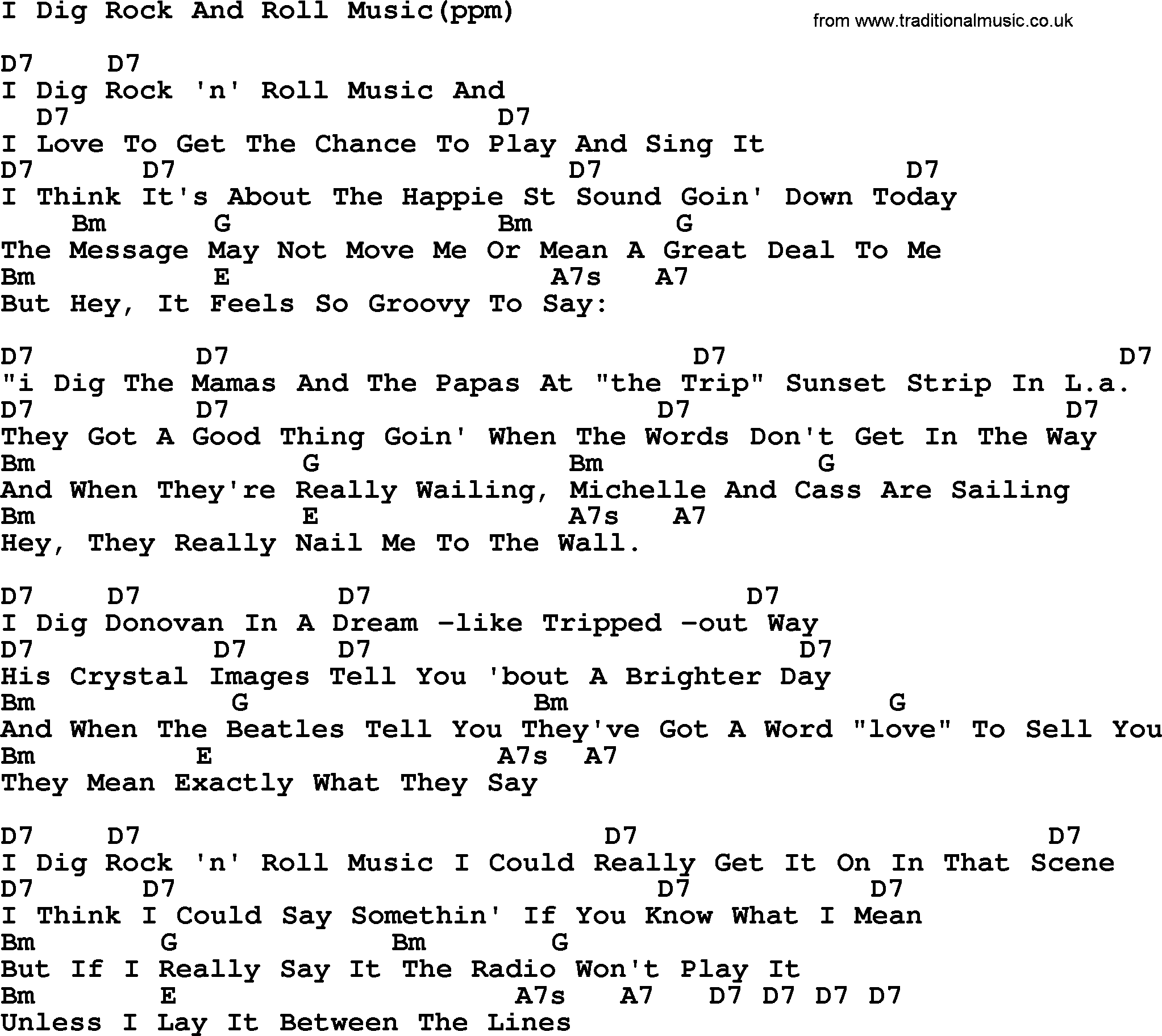 Peter, Paul and Mary song I Dig Rock And Roll Music, lyrics and chords