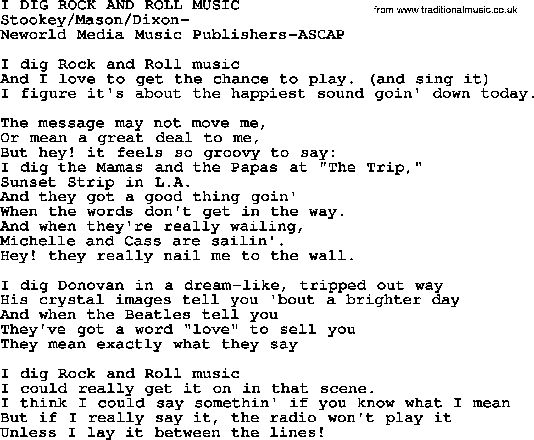 Peter, Paul and Mary song I Dig Rock And Roll Music lyrics