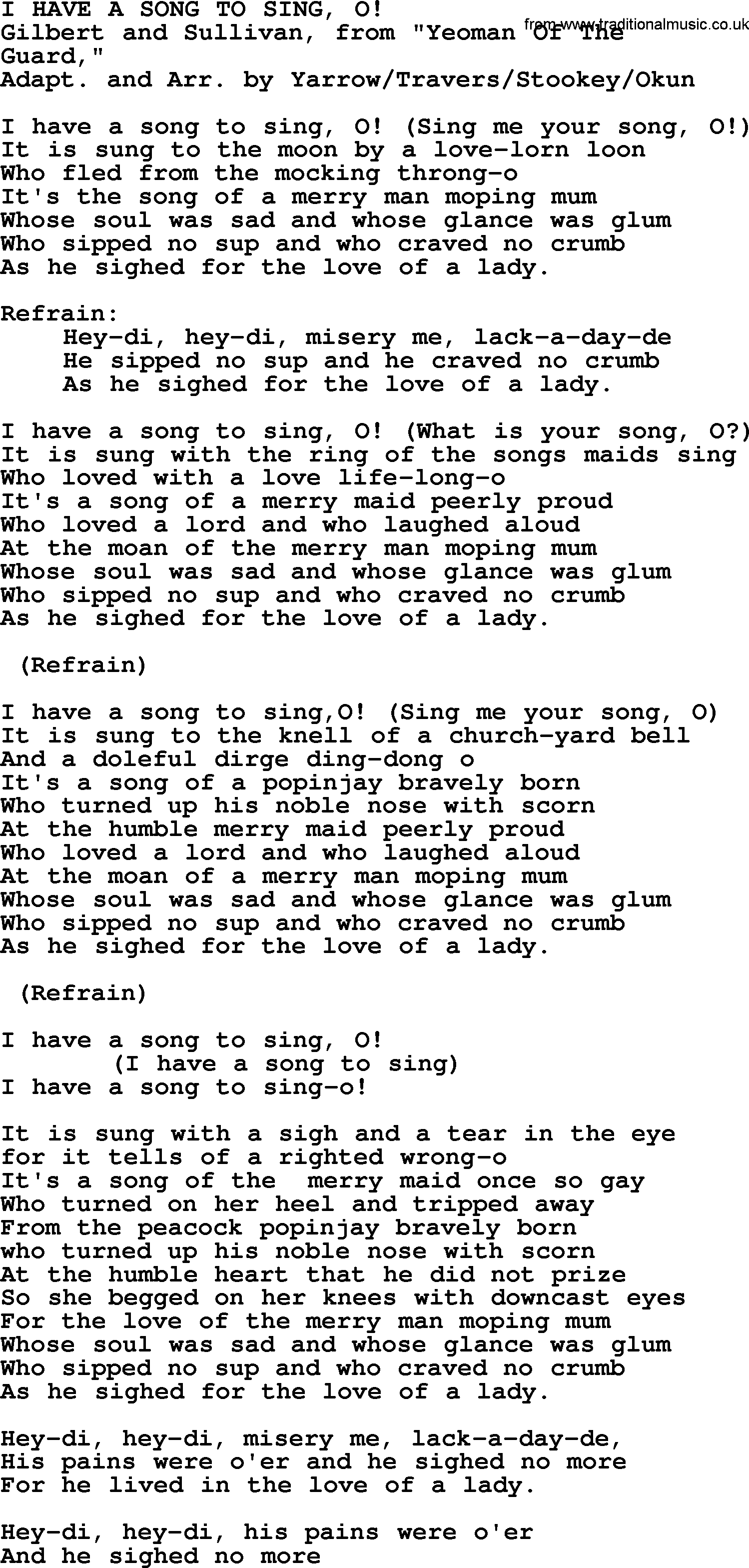 Peter, Paul and Mary song I Have A Song To Sing lyrics