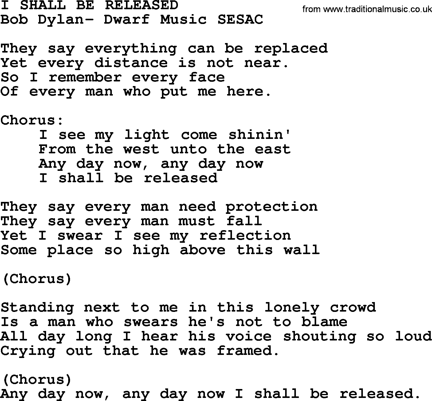 Peter, Paul and Mary song I Shall Be Released lyrics