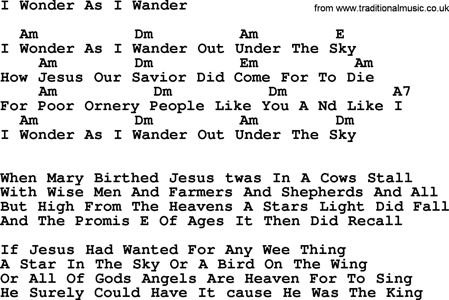 Peter, Paul and Mary song I Wonder As I Wander, lyrics and chords