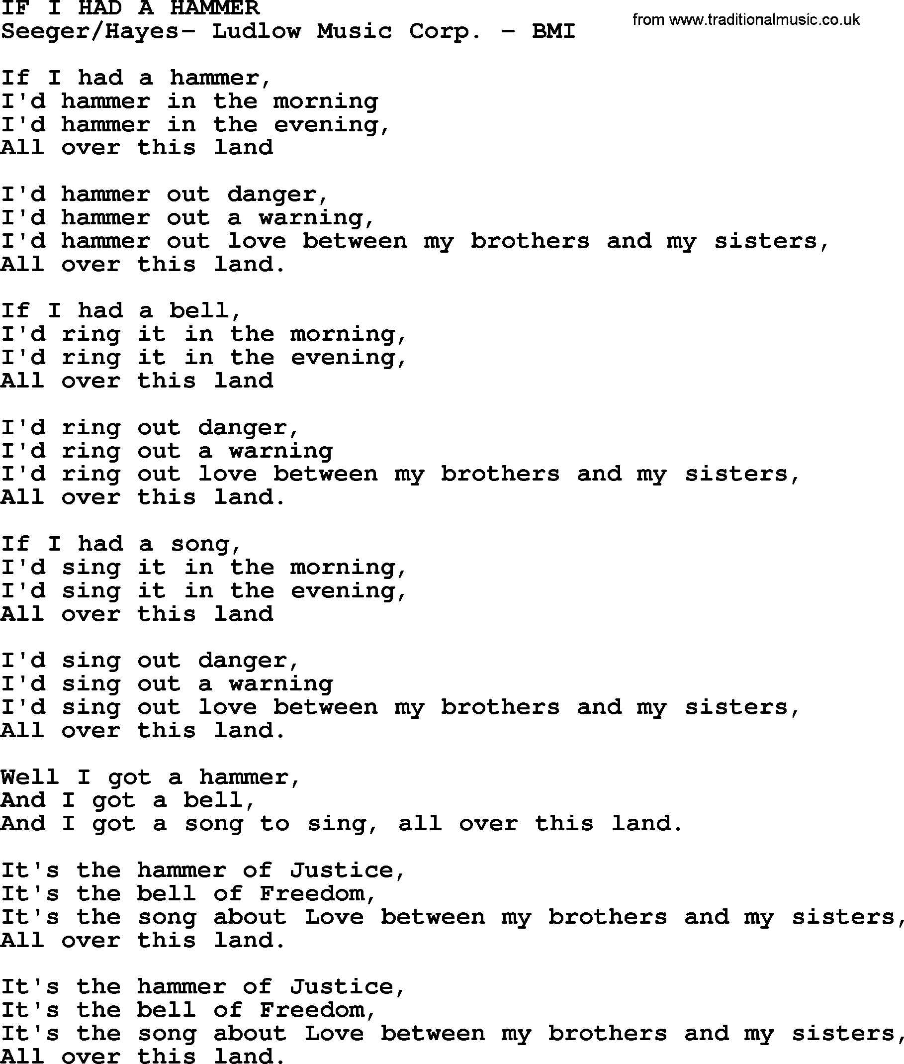 Peter, Paul and Mary song If I Had A Hammer lyrics