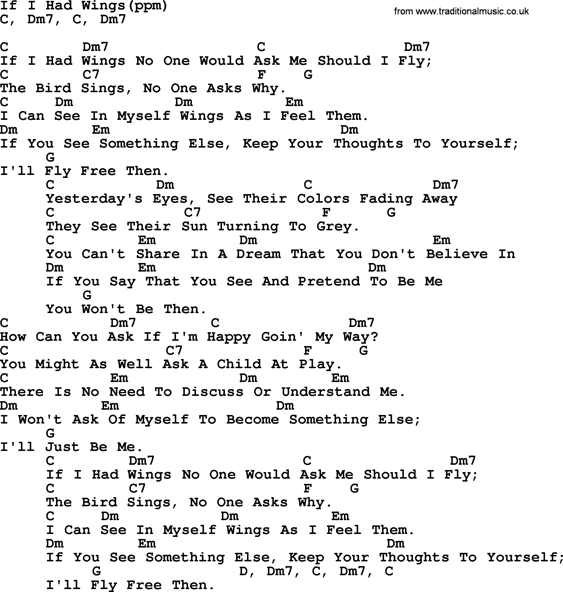 Peter, Paul and Mary song If I Had Wings C, lyrics and chords