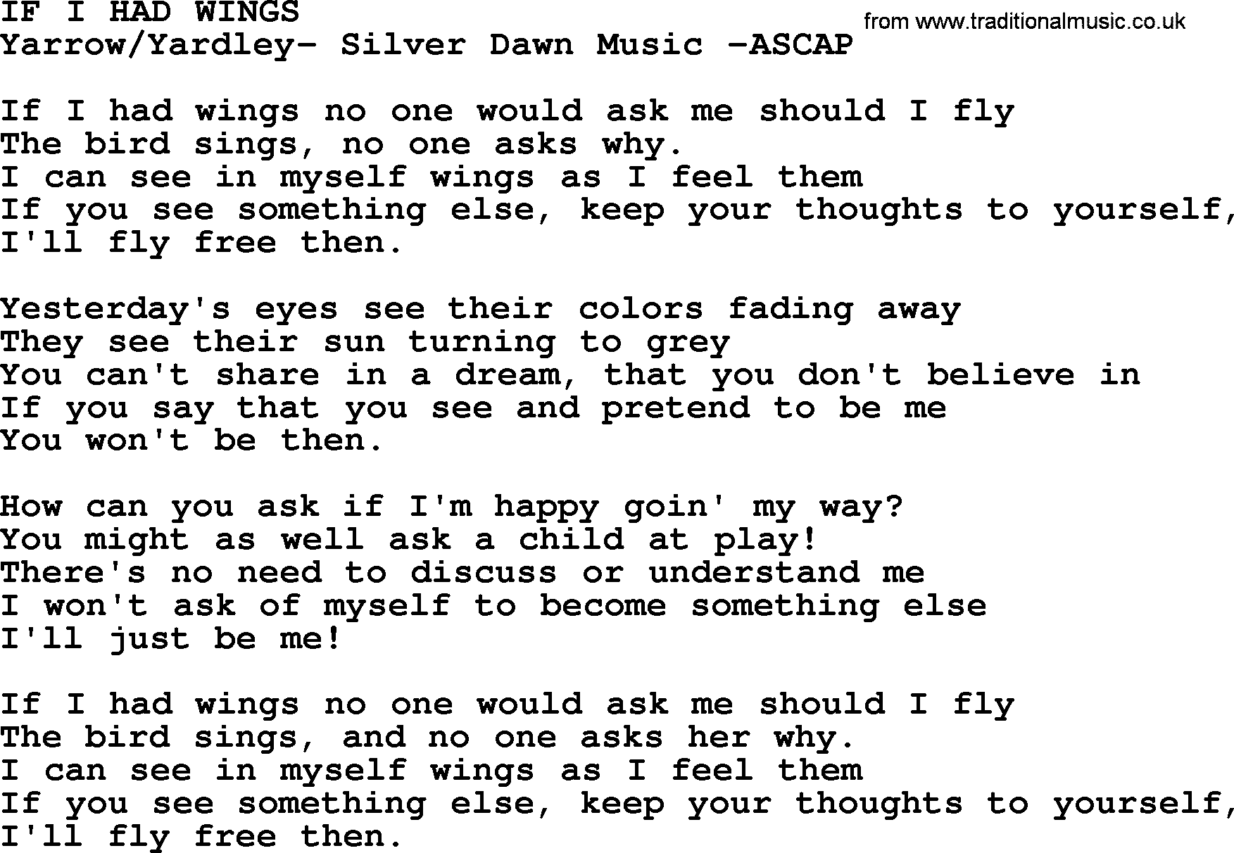 Peter, Paul and Mary song If I Had Wings lyrics