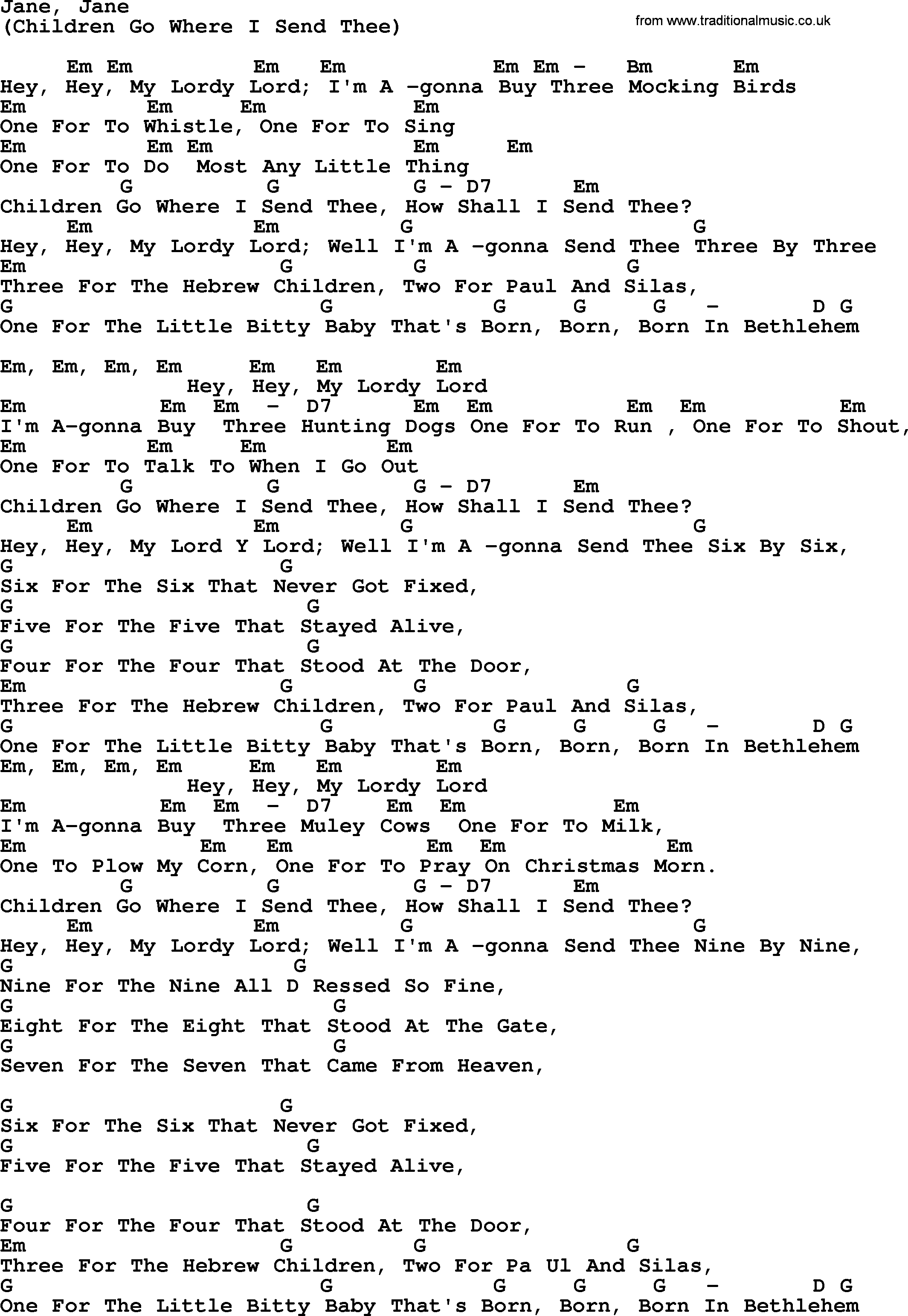 Peter, Paul and Mary song Jane, Jane, lyrics and chords