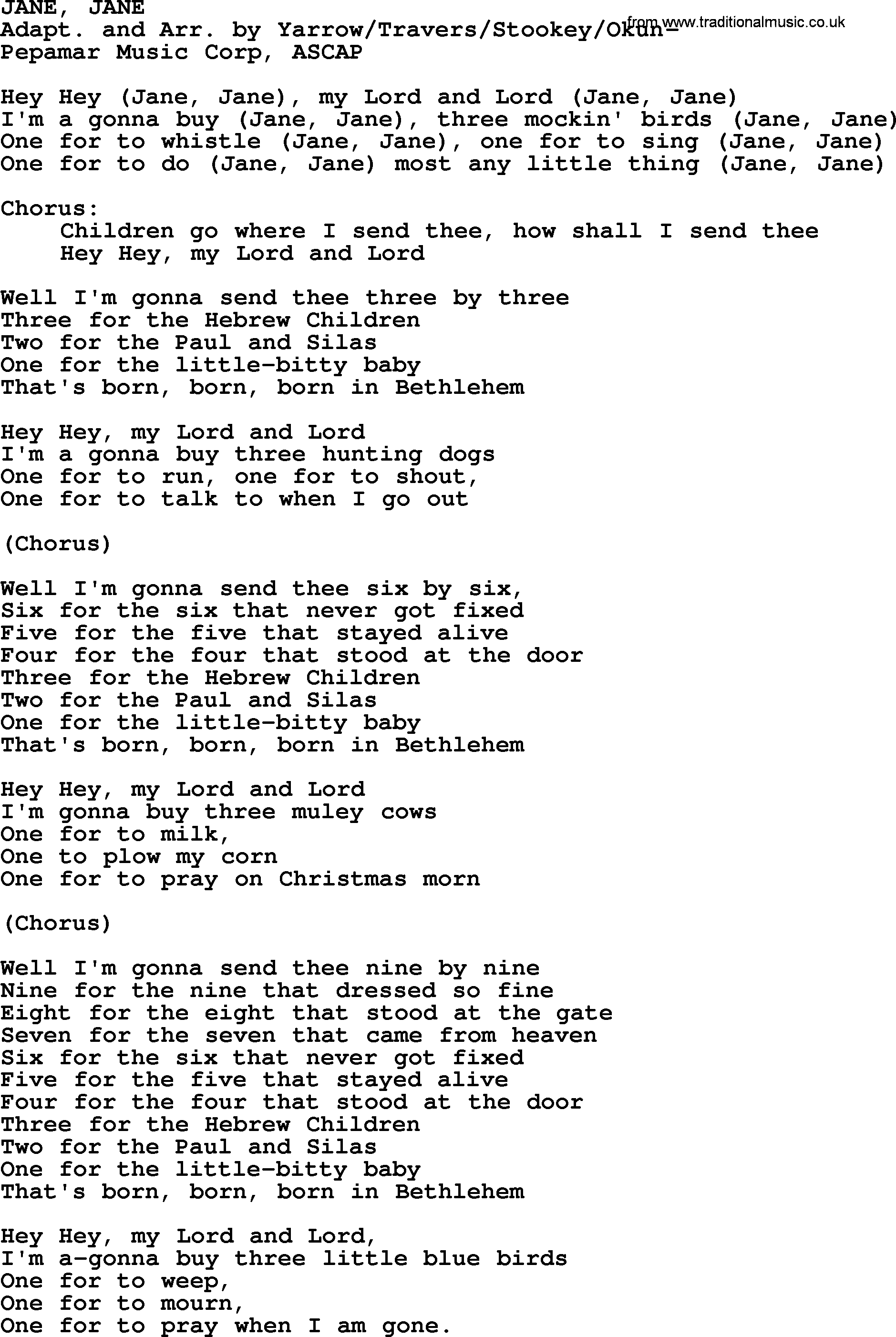 Peter, Paul and Mary song Jane, Jane lyrics