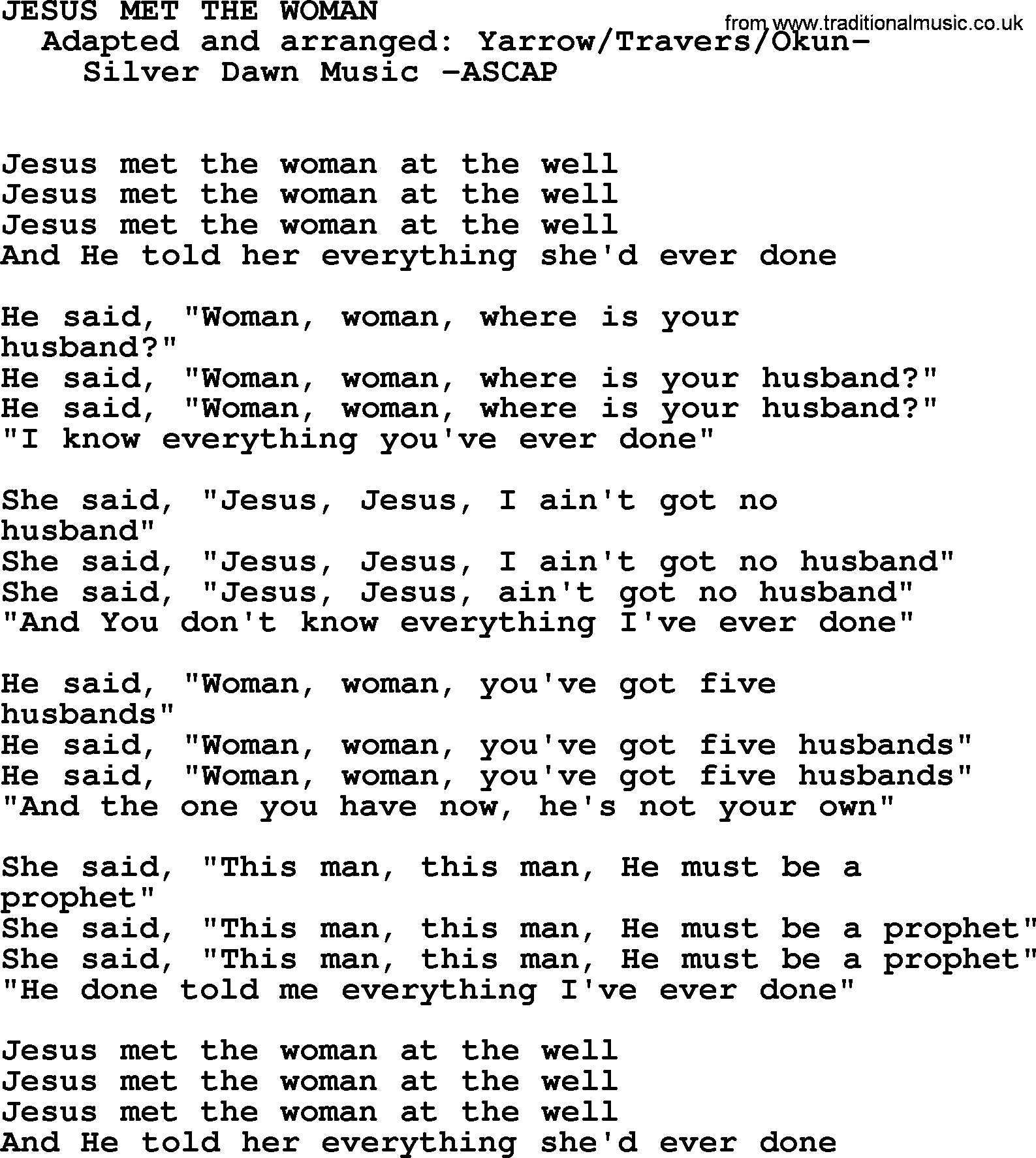 Peter, Paul and Mary song Jesus Met The Woman lyrics