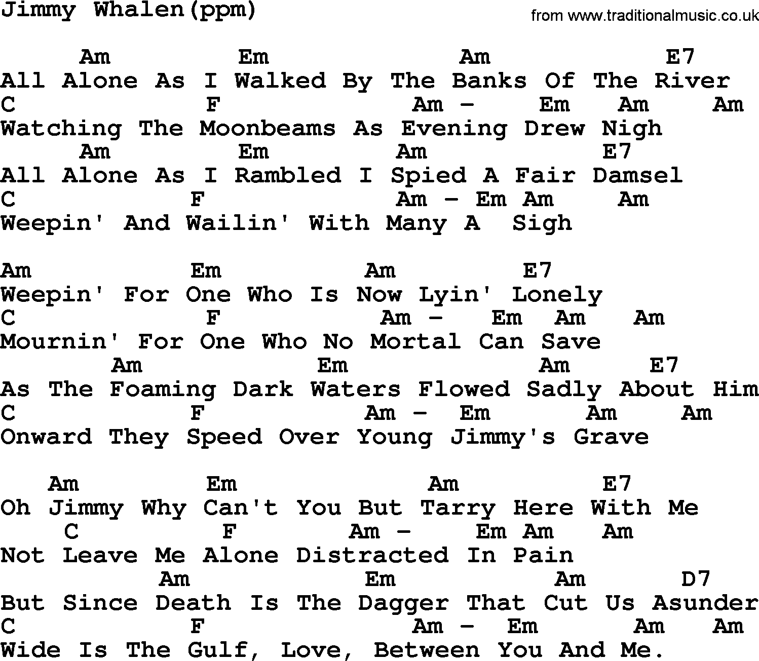 Peter, Paul and Mary song Jimmy Whalen, lyrics and chords