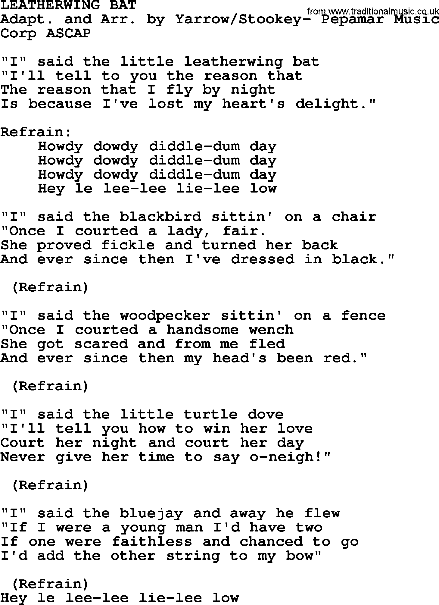 Peter, Paul and Mary song Leatherwing Bat lyrics