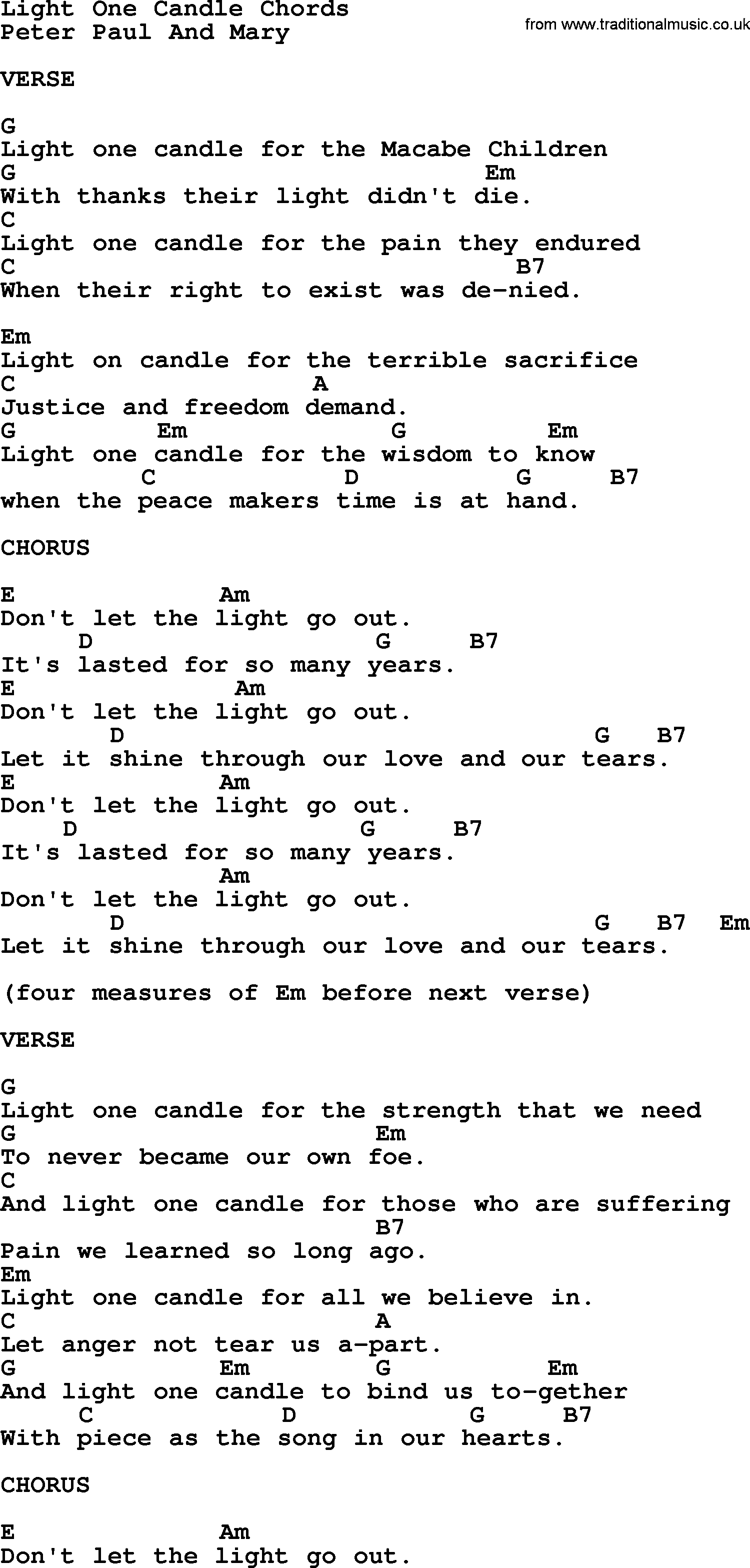 Peter, Paul and Mary song Light One Candle, lyrics and chords