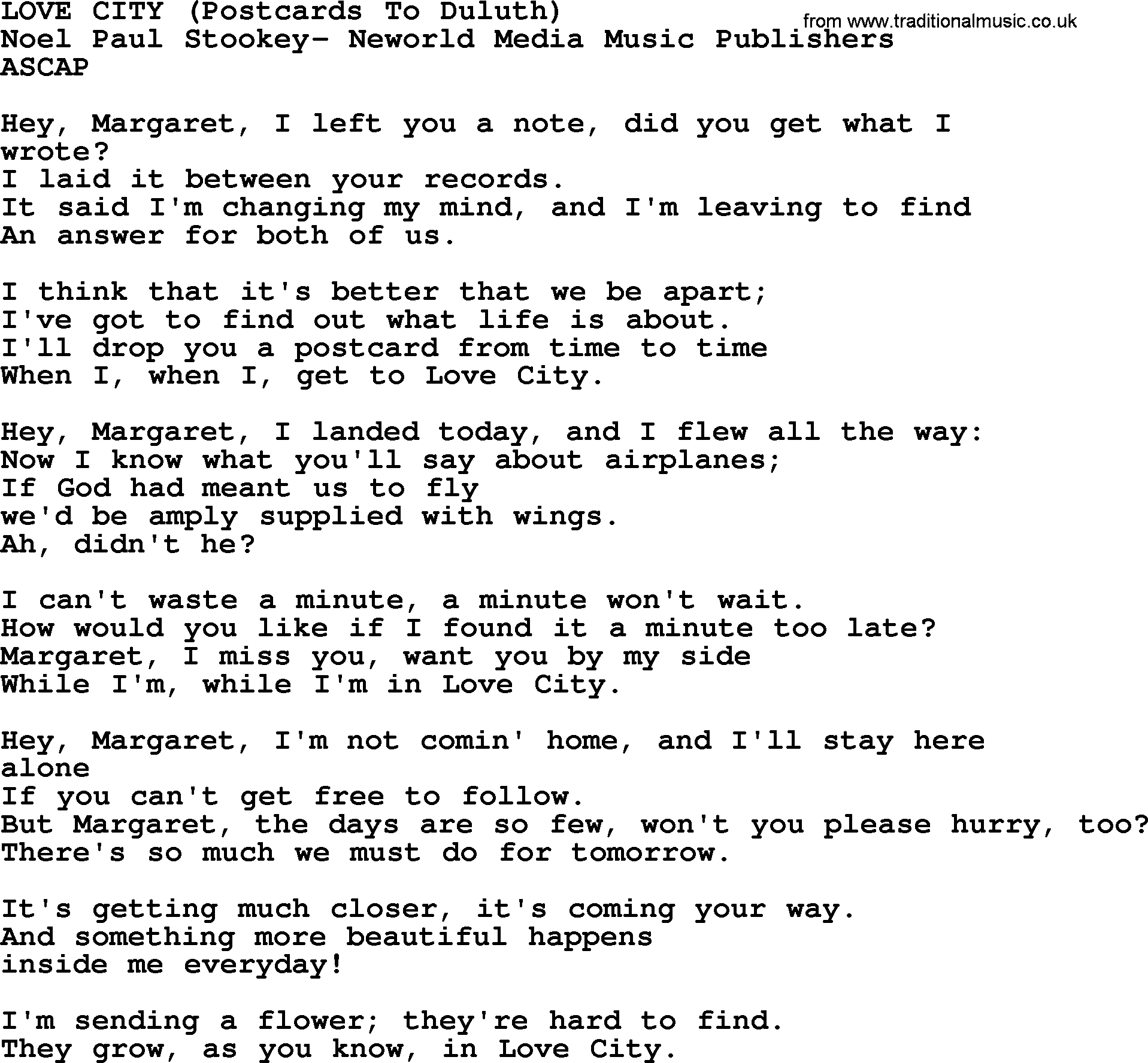 Peter, Paul and Mary song Love City (postcards To Duluth) lyrics