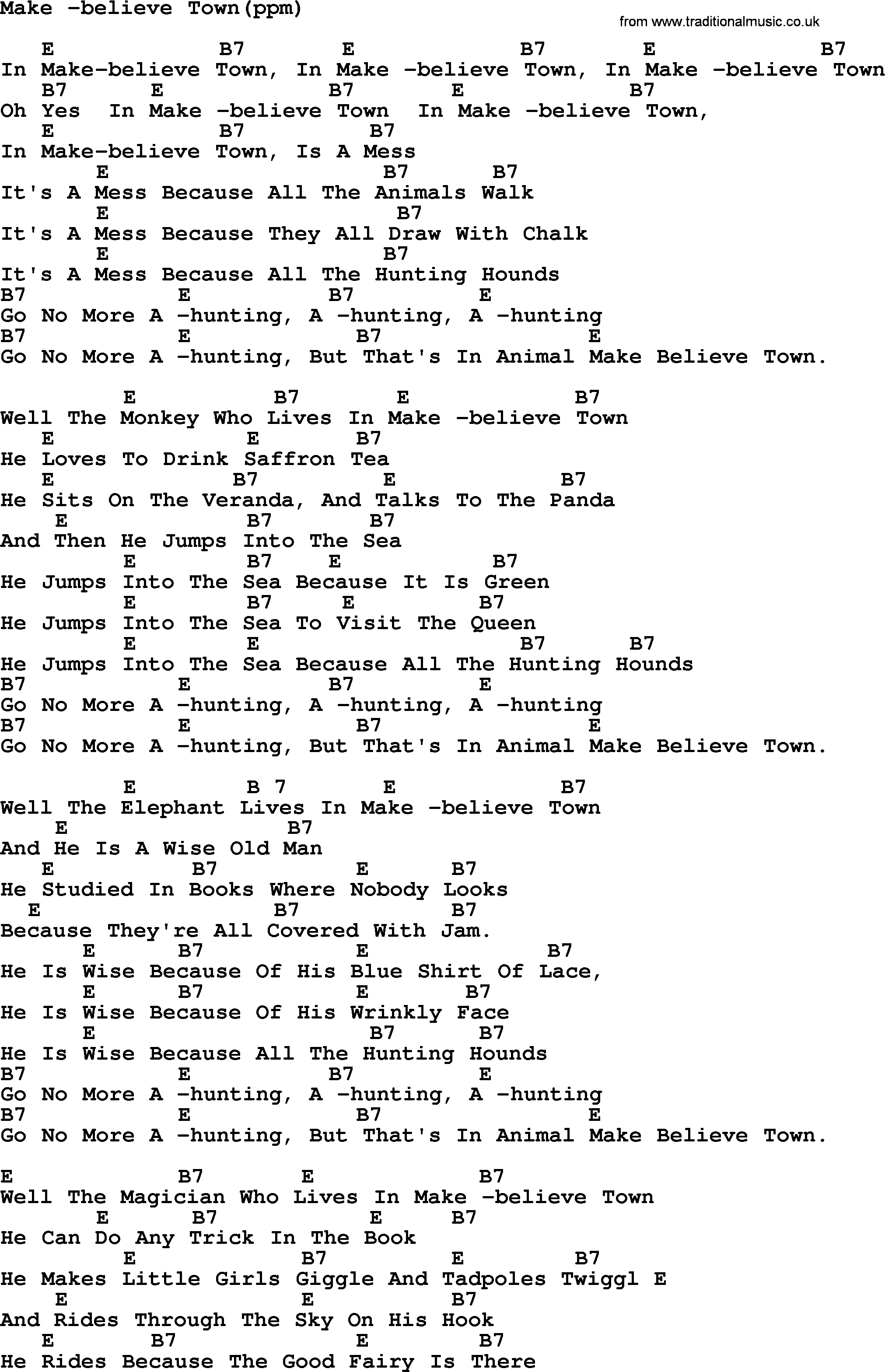 Peter, Paul and Mary song Make Believe Town, lyrics and chords