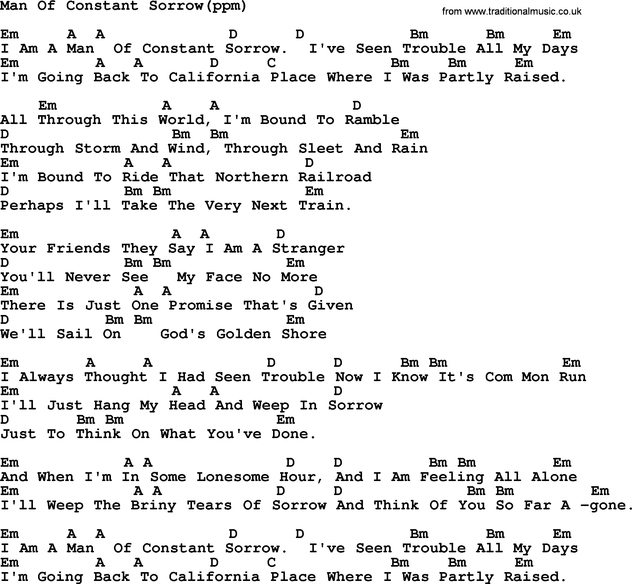 Peter, Paul and Mary song Man Of Constant Sorrow, lyrics and chords