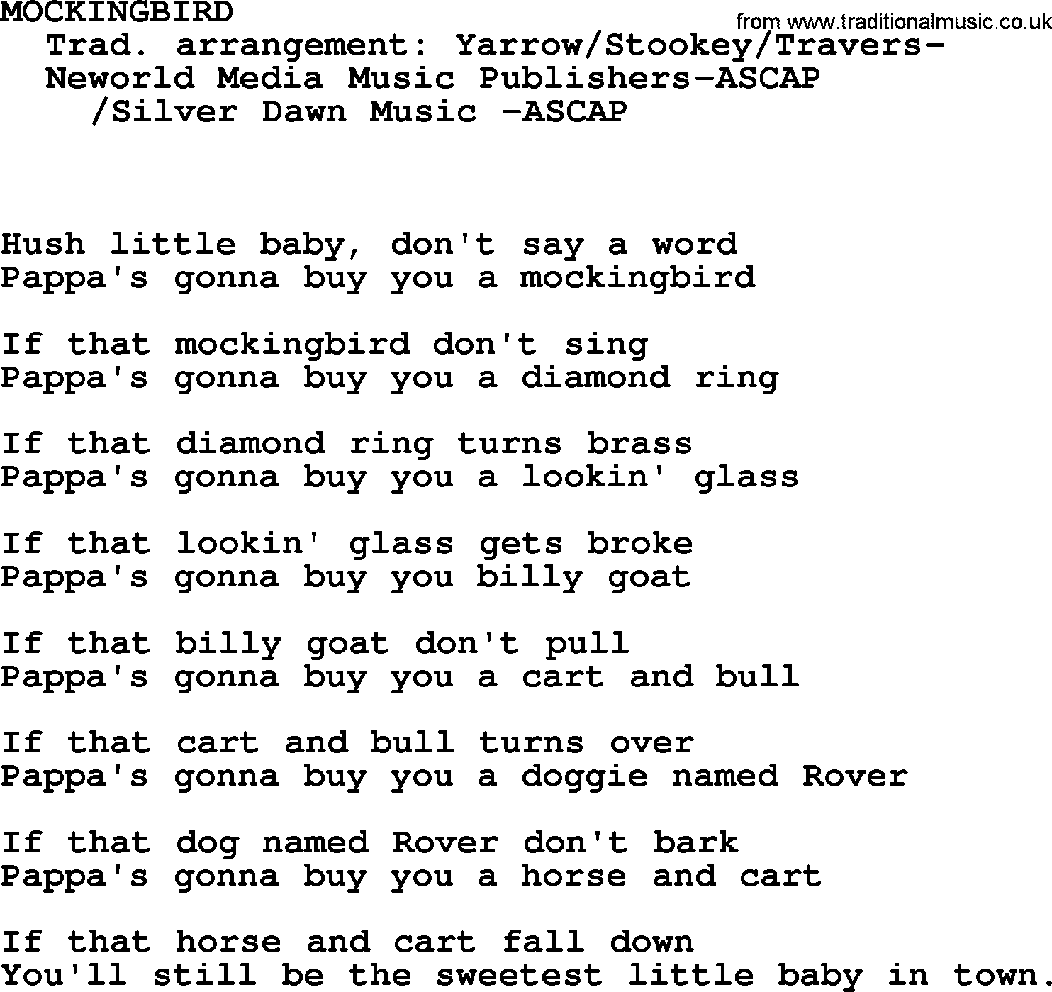 Peter, Paul and Mary song Mockingbird lyrics