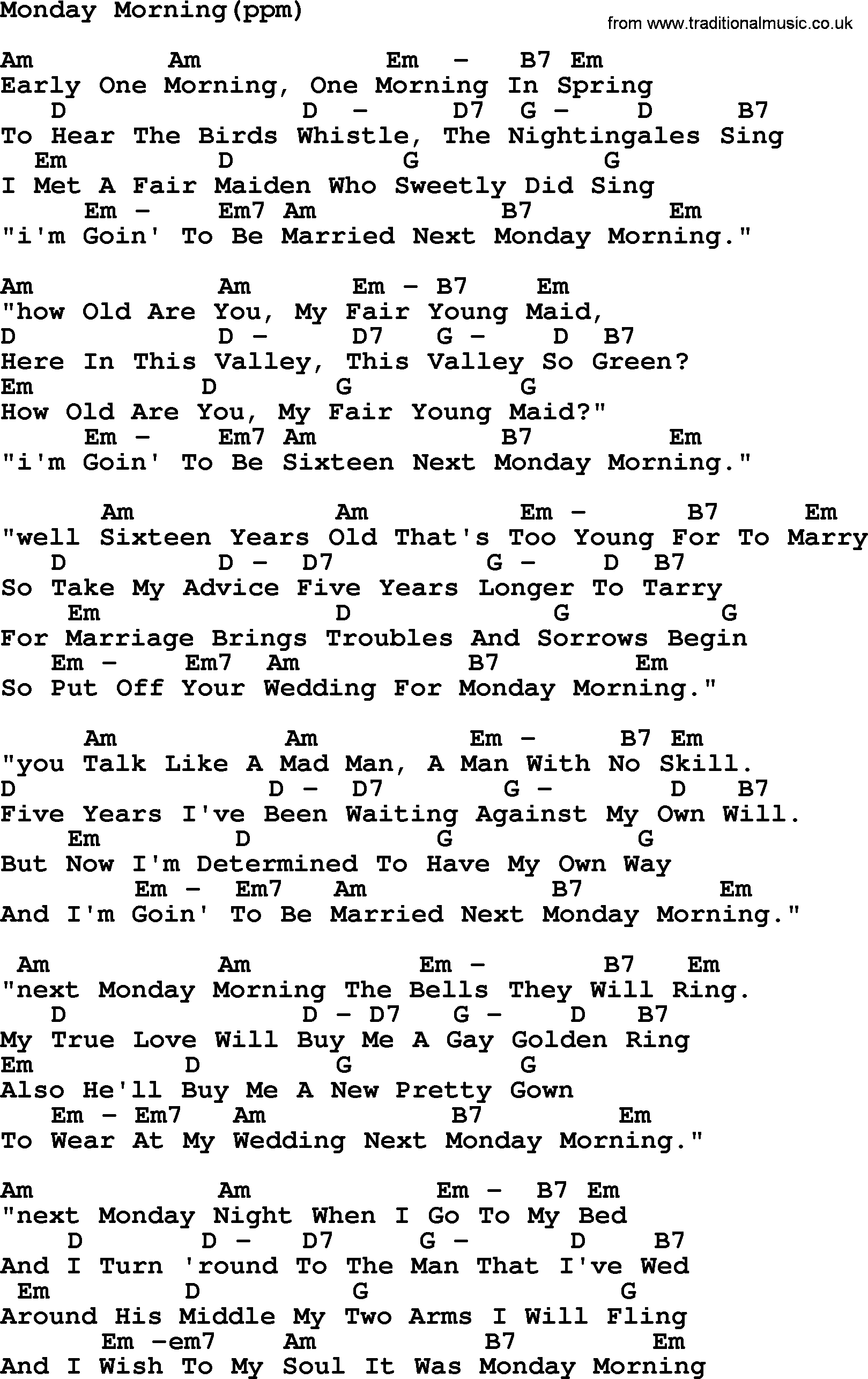 Peter, Paul and Mary song Monday Morning, lyrics and chords